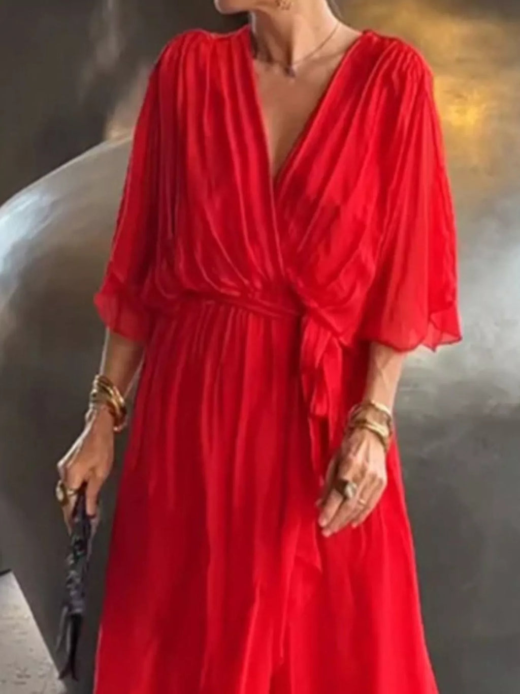 Full Size Chiffon Wrap Dress with Flutter Sleeves Plus Size