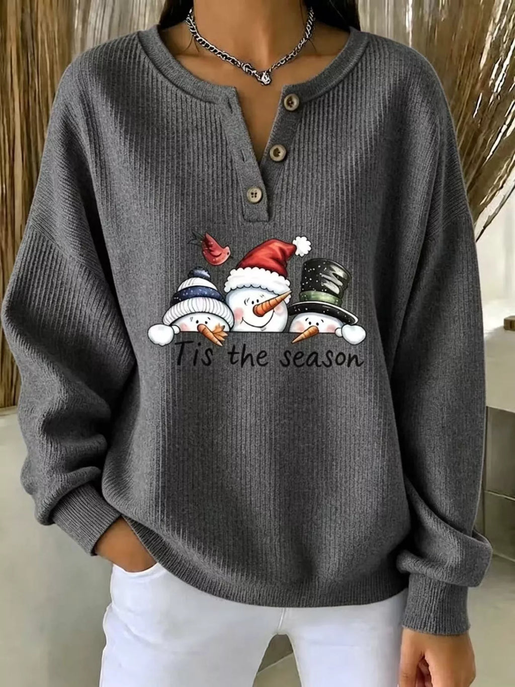 Full Size Christmas Themed Snowman Graphic Ribbed Henley Sweatshirt Plus Size