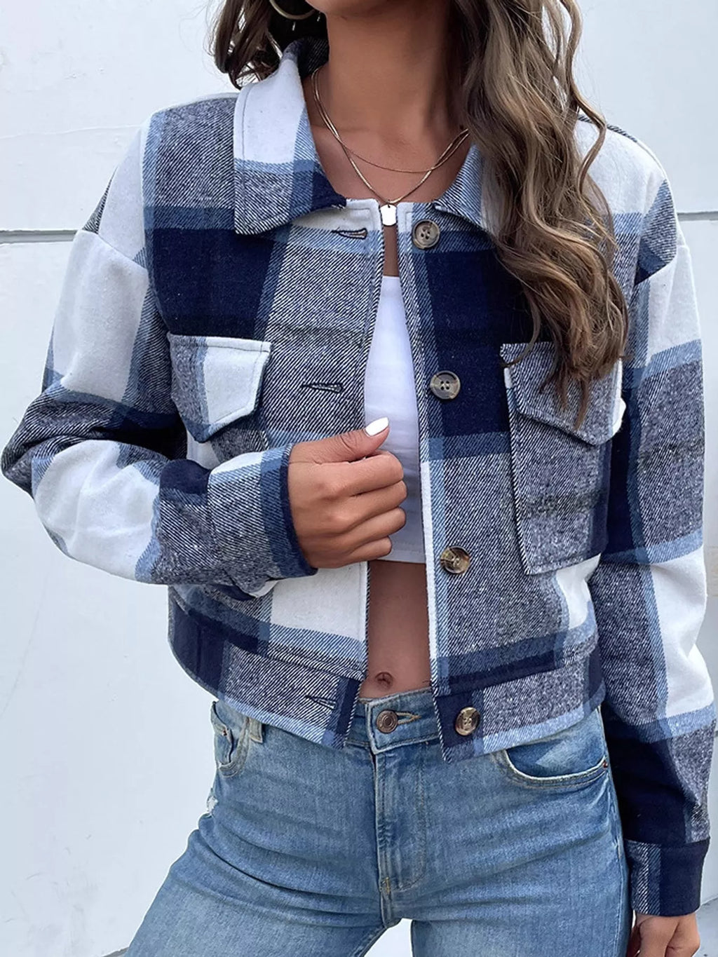 Plaid Button-Front Cropped Jacket