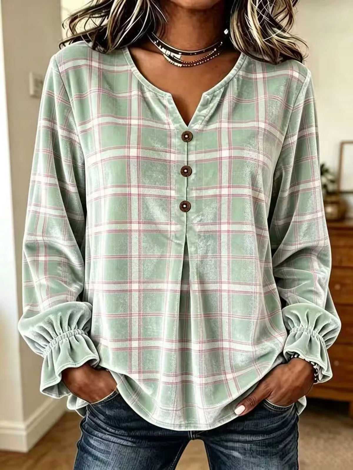 Full Size Plaid Velvet Flounce Sleeve Blouse Plus Size