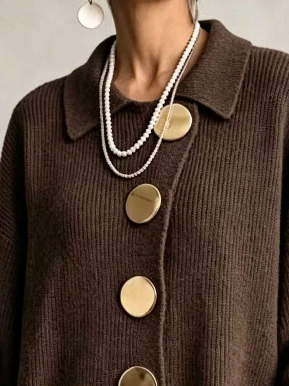 Full Size Ribbed Knit Gold Buttons Cardigan Plus Size