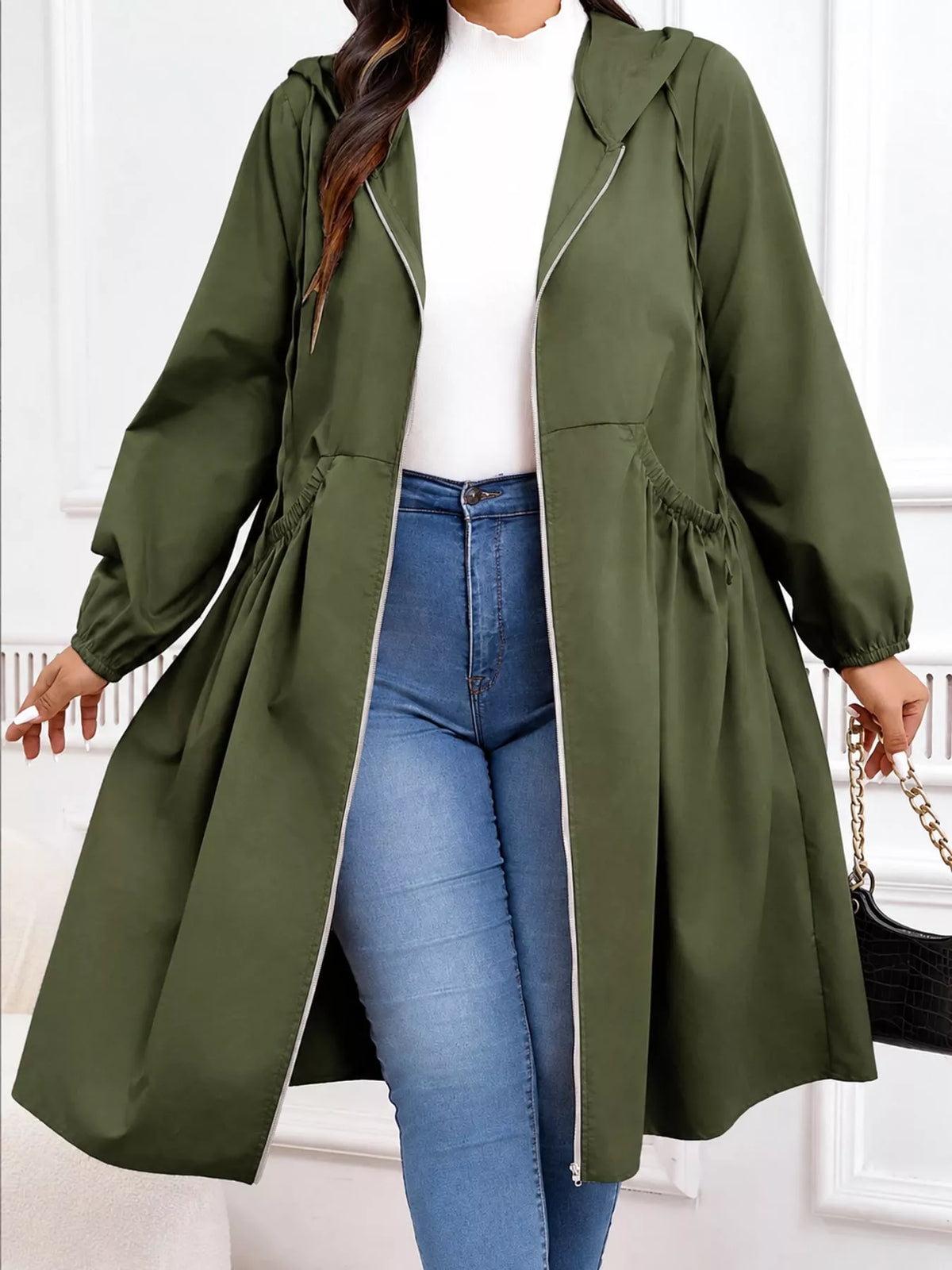 Plus Size Hooded Zip-Up Longline Windbreaker Outerwear