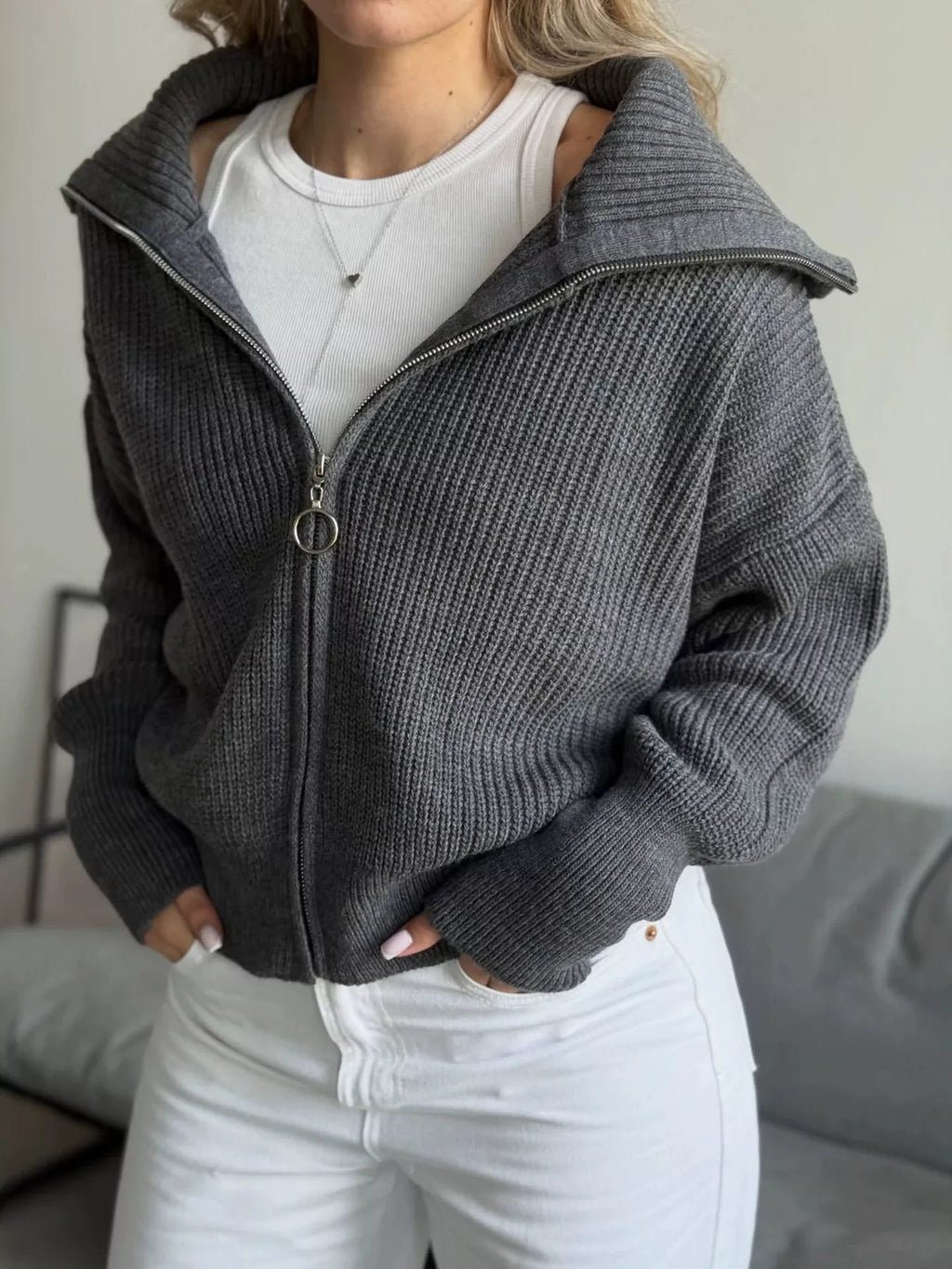Zip Up Dropped Shoulder Cardigan