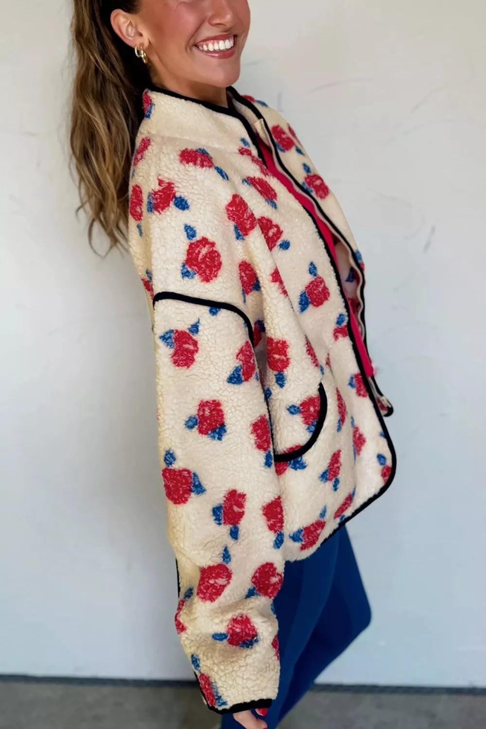 Floral Print Zipper Stand Neck Outerwear Fleece Coat