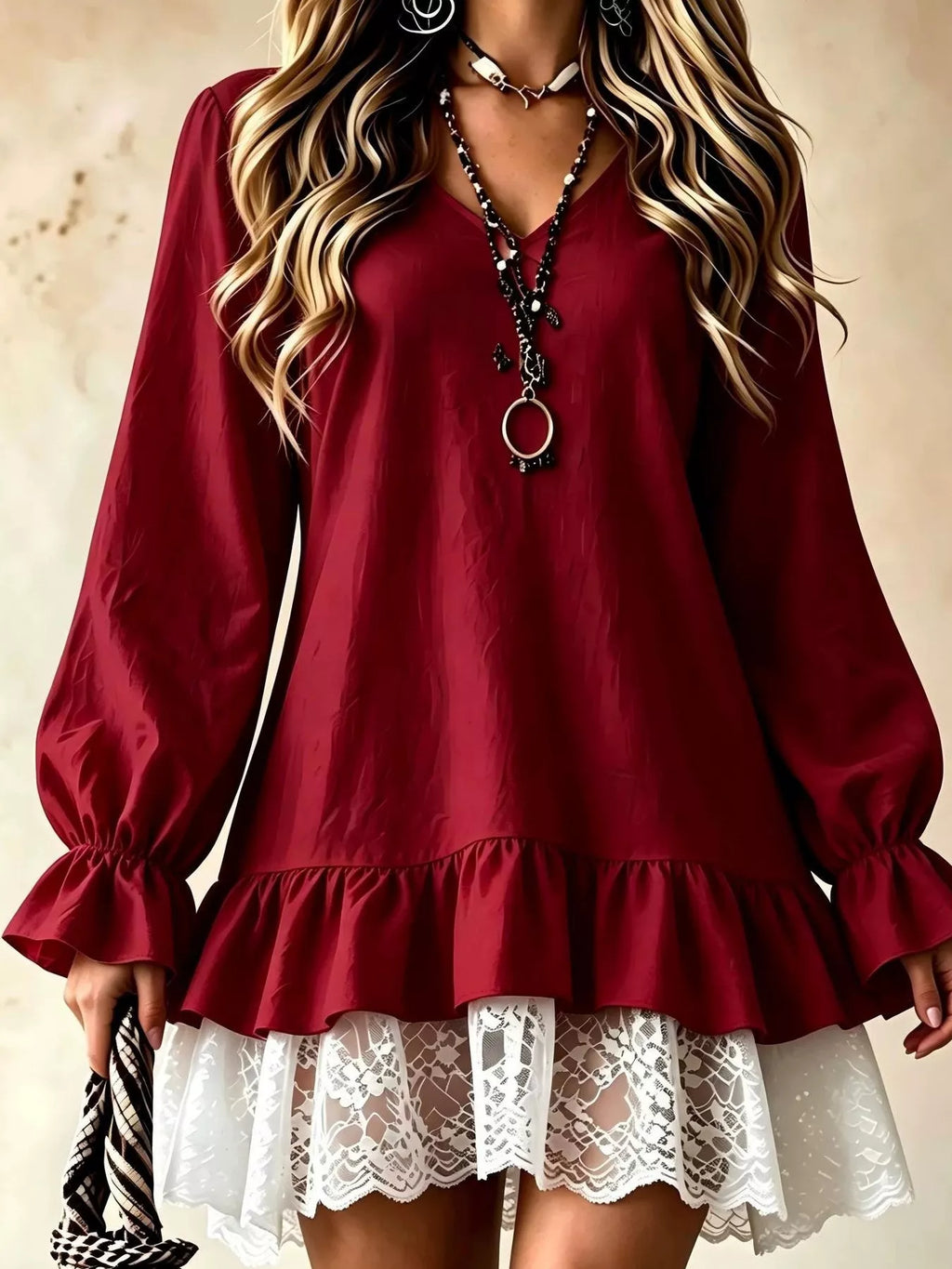 V-Neck Long Sleeve Ruffle Hem Lace Detail Dress