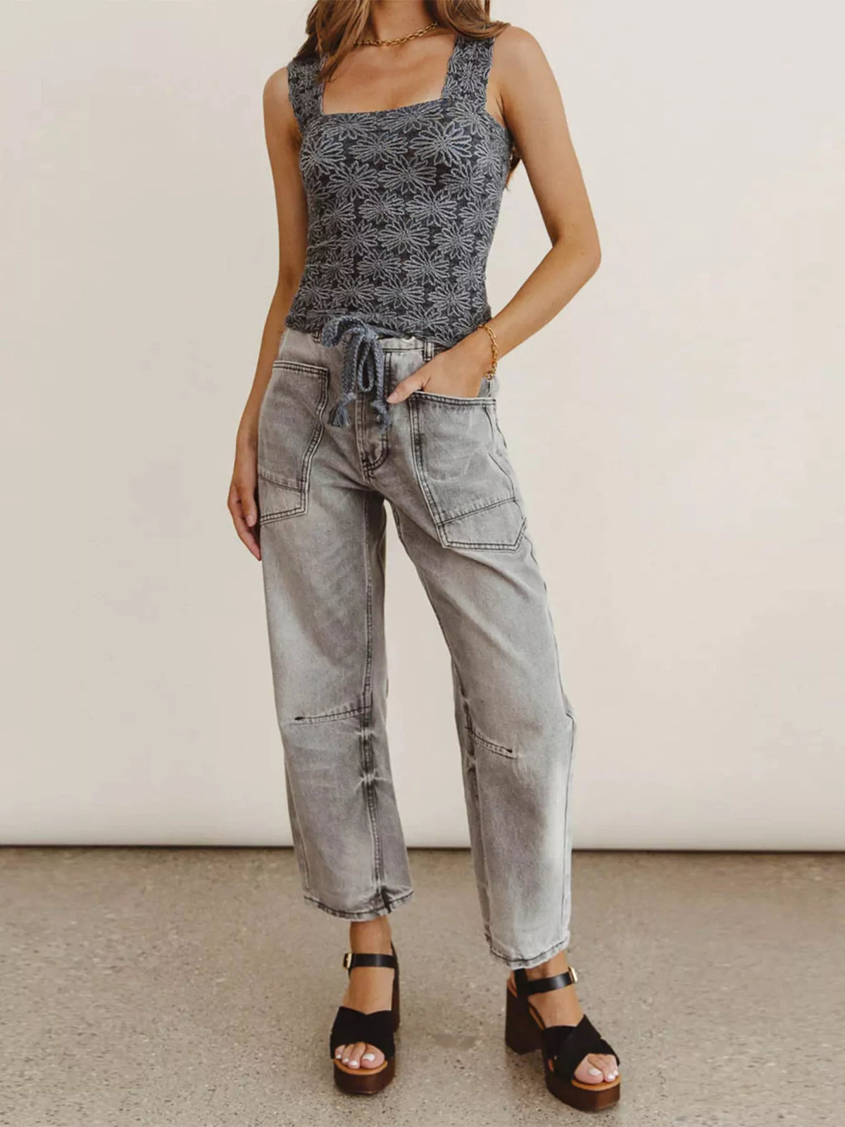 Drawstring Wide Leg Cropped Jeans