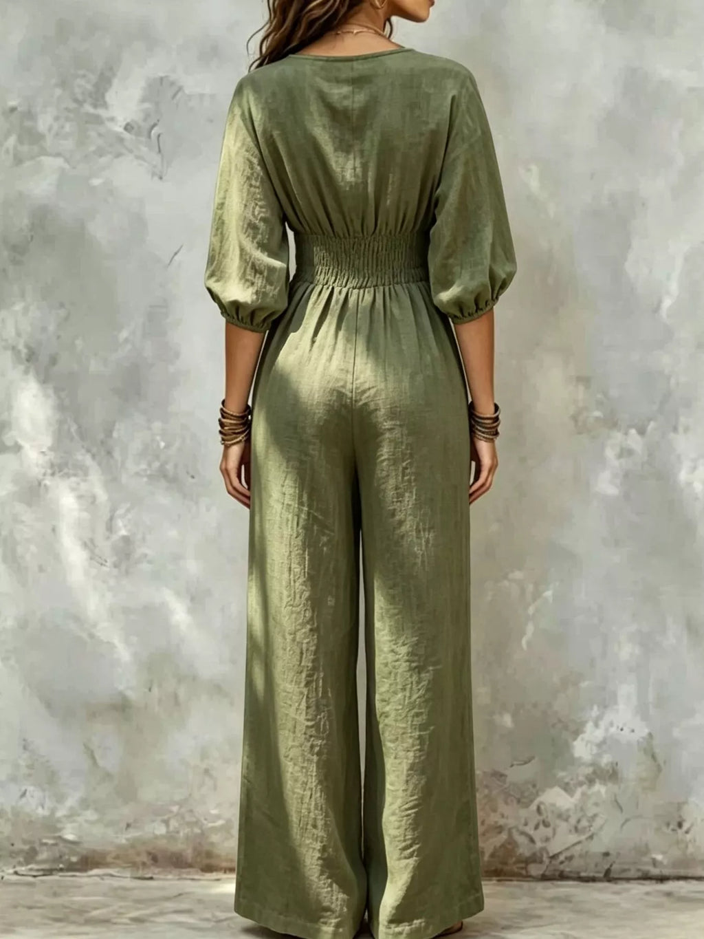 V-Neck Smocked Waist Wide-Leg Jumpsuit