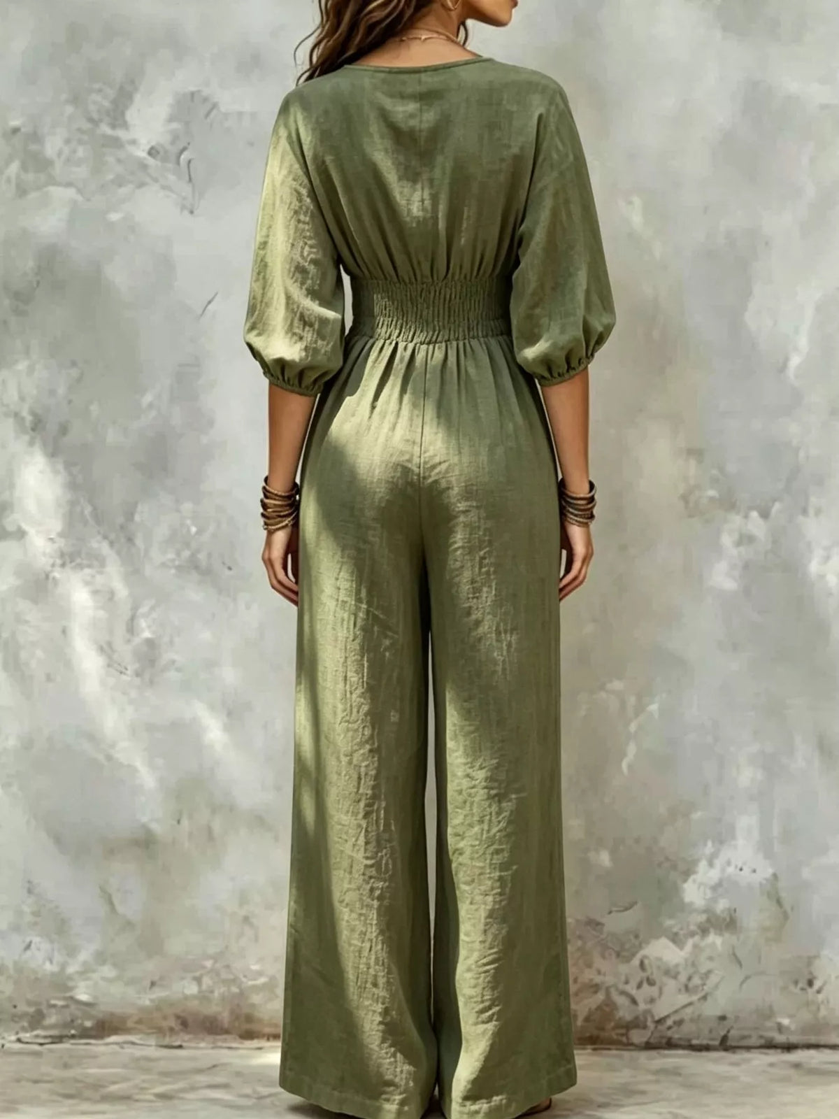 V-Neck Smocked Waist Wide-Leg Jumpsuit