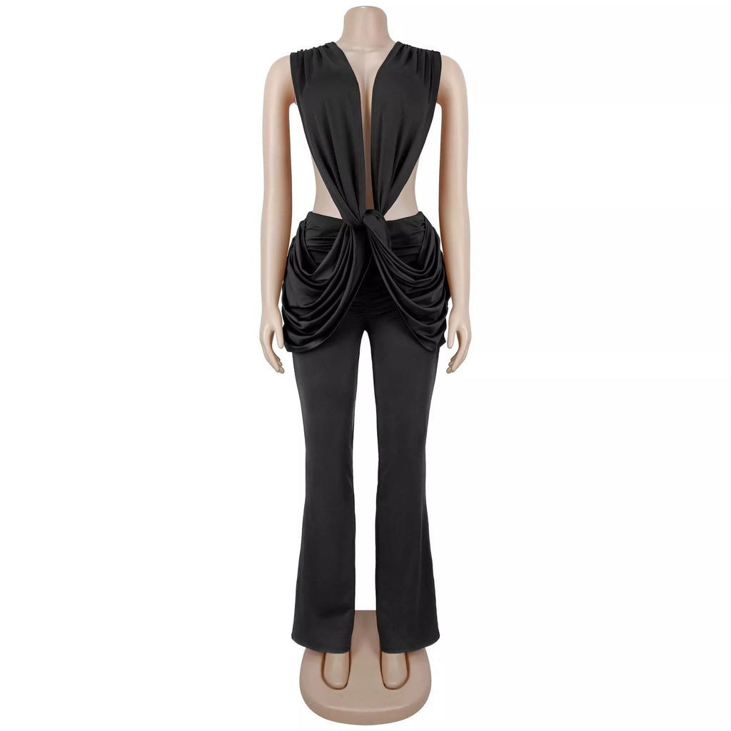 Deep V-Neck Knot-Front Flare Leg Jumpsuit