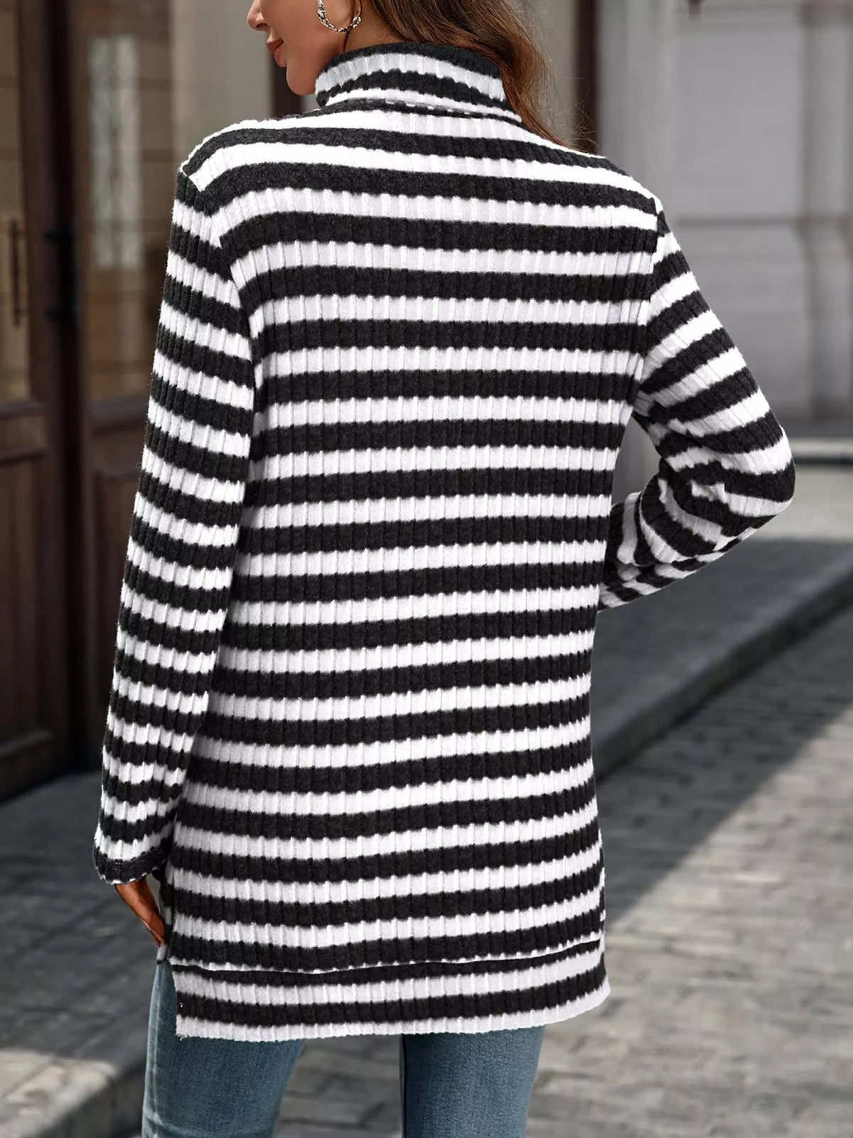 Striped Ribbed Knit Turtleneck Long Sleeve T-Shirt