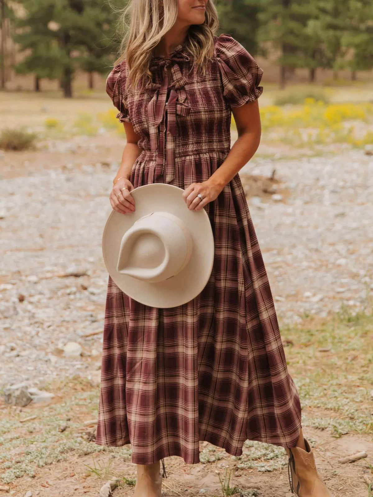 Plaid Knot Front Smocked High Waist Midi Dress