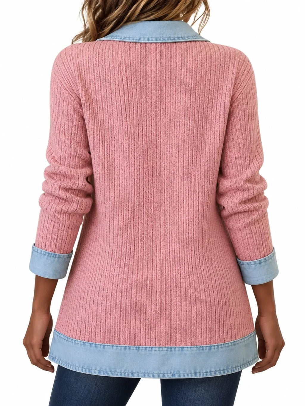 Full Size Denim Trim Ribbed Knit Cardigan Plus Size