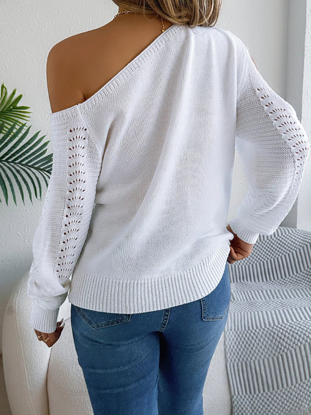 Cold-Shoulder Ribbed Knit Openwork Sweater
