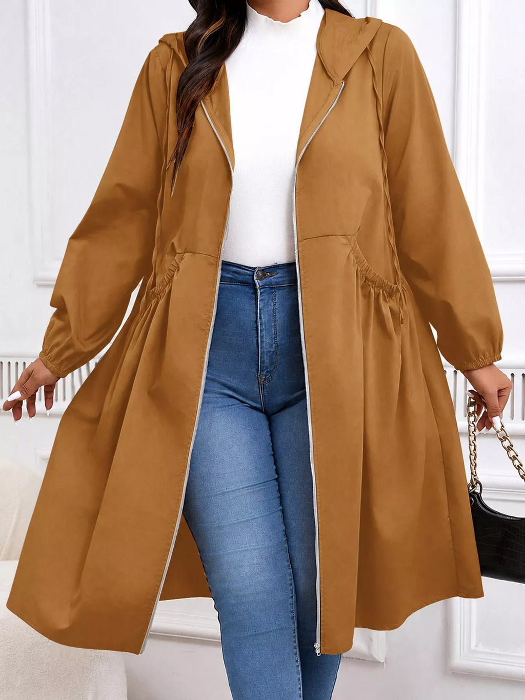 Plus Size Hooded Zip-Up Longline Windbreaker Outerwear