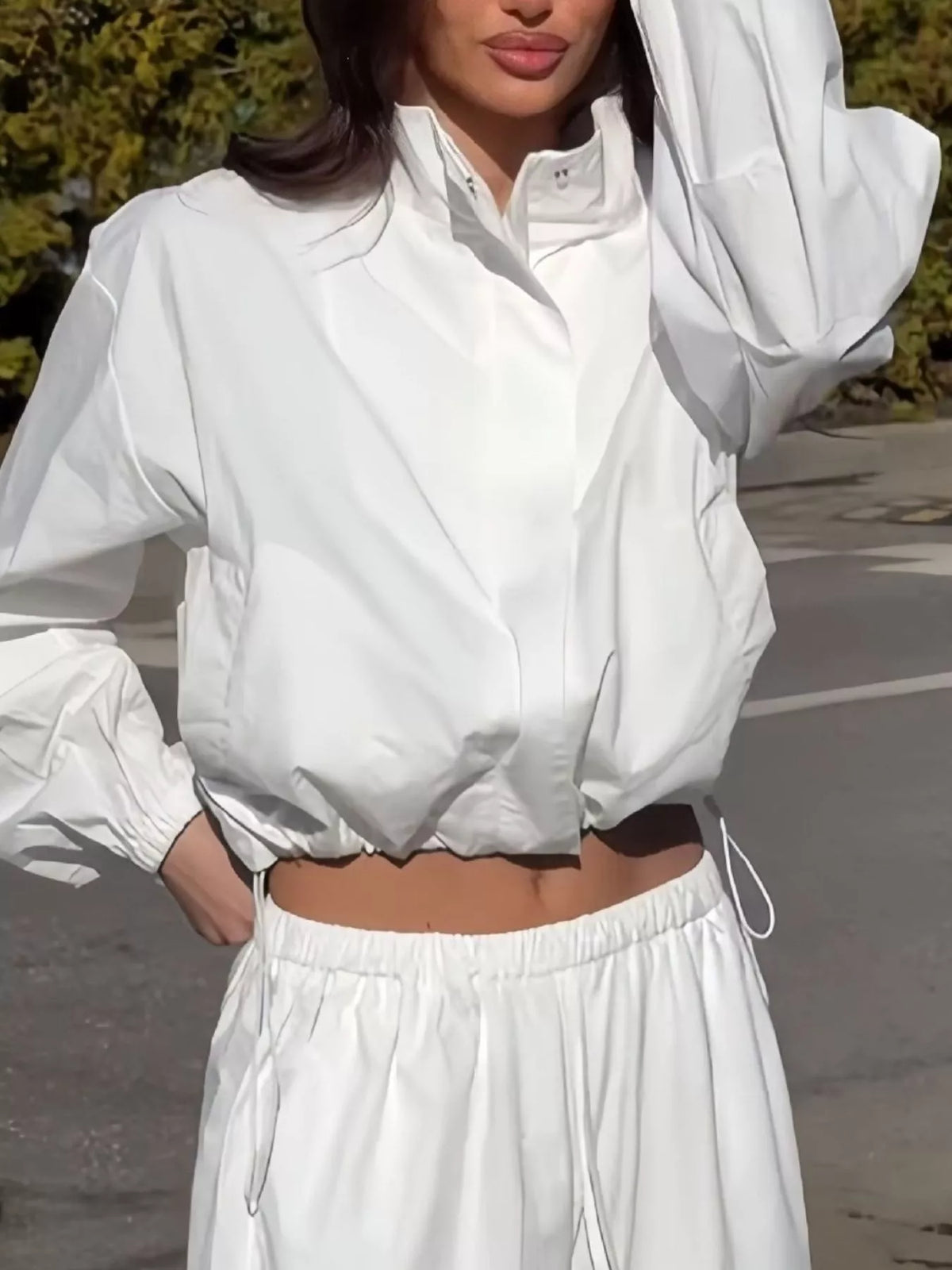 Drawstring Hem Crop Jacket and Wide-Leg Pant Set
