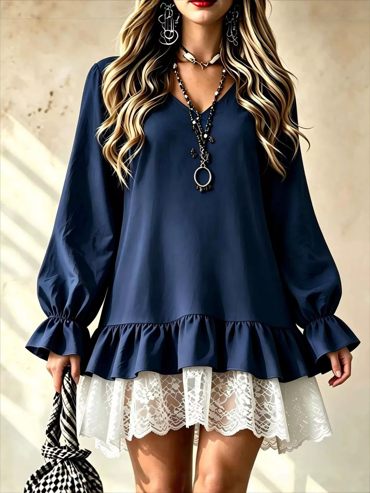 V-Neck Long Sleeve Ruffle Hem Lace Detail Dress