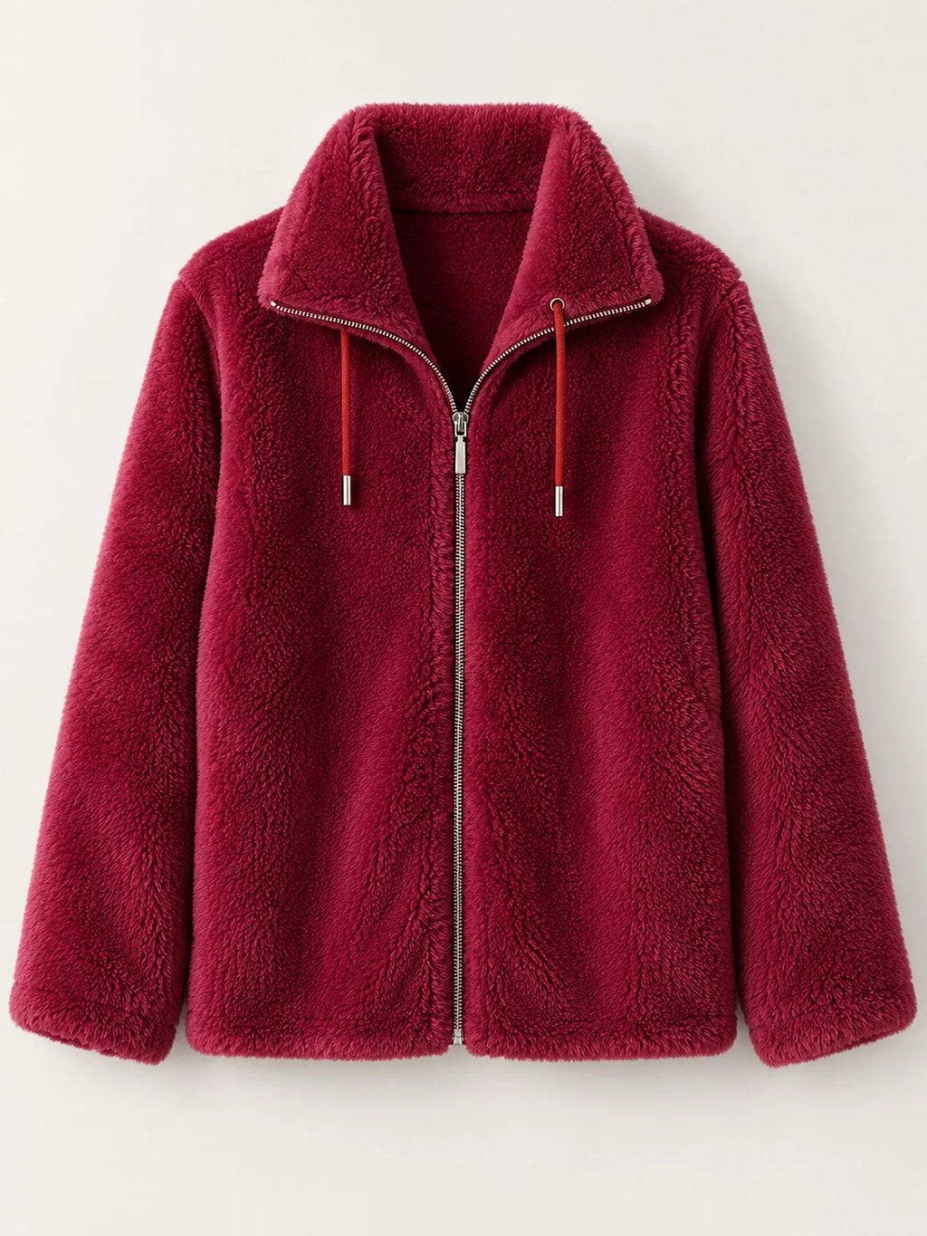 Full Size Drawstring Faux Fur Stand-Collar Zip-Up Outerwear Plus Size