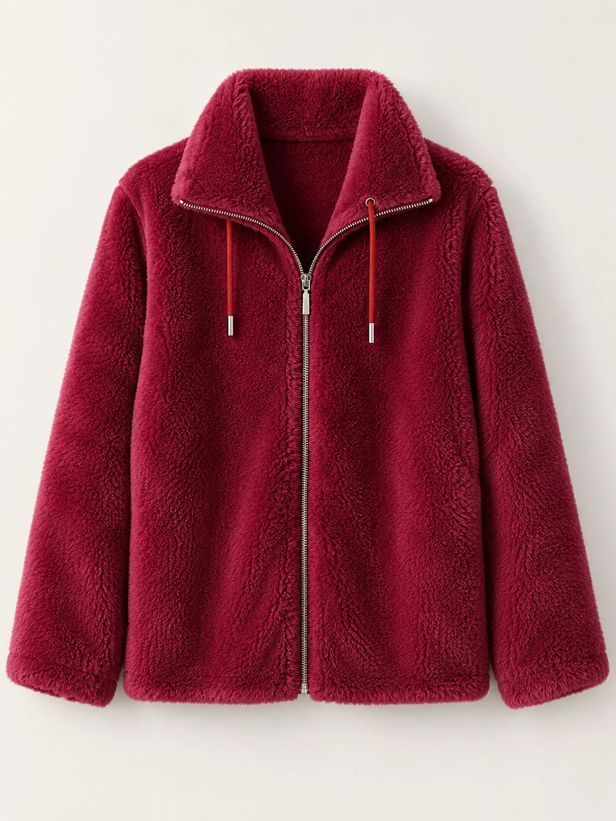Full Size Drawstring Faux Fur Stand-Collar Zip-Up Outerwear Plus Size