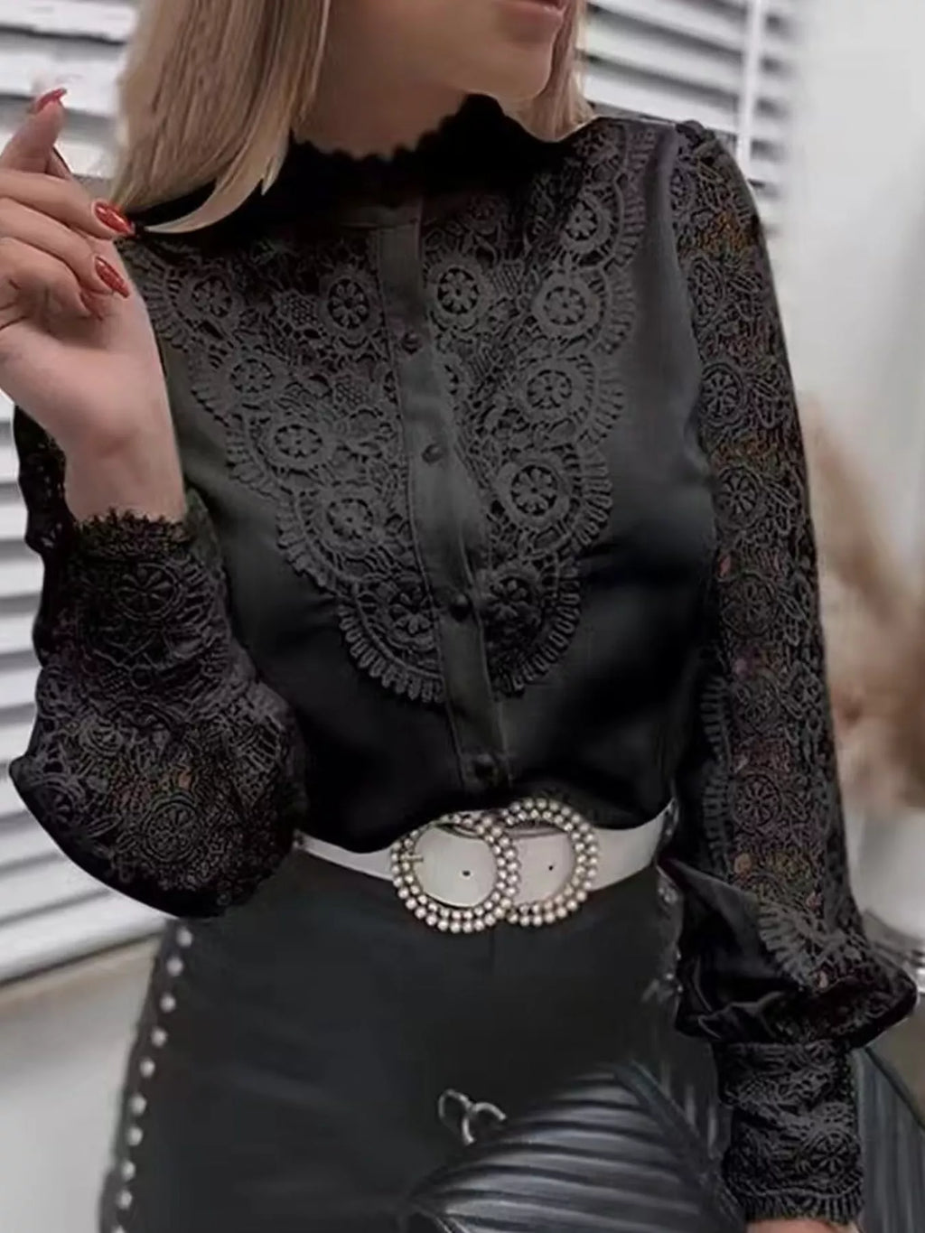 Full Size Lace V-Neck Flounce Sleeve Shirt Plus Size
