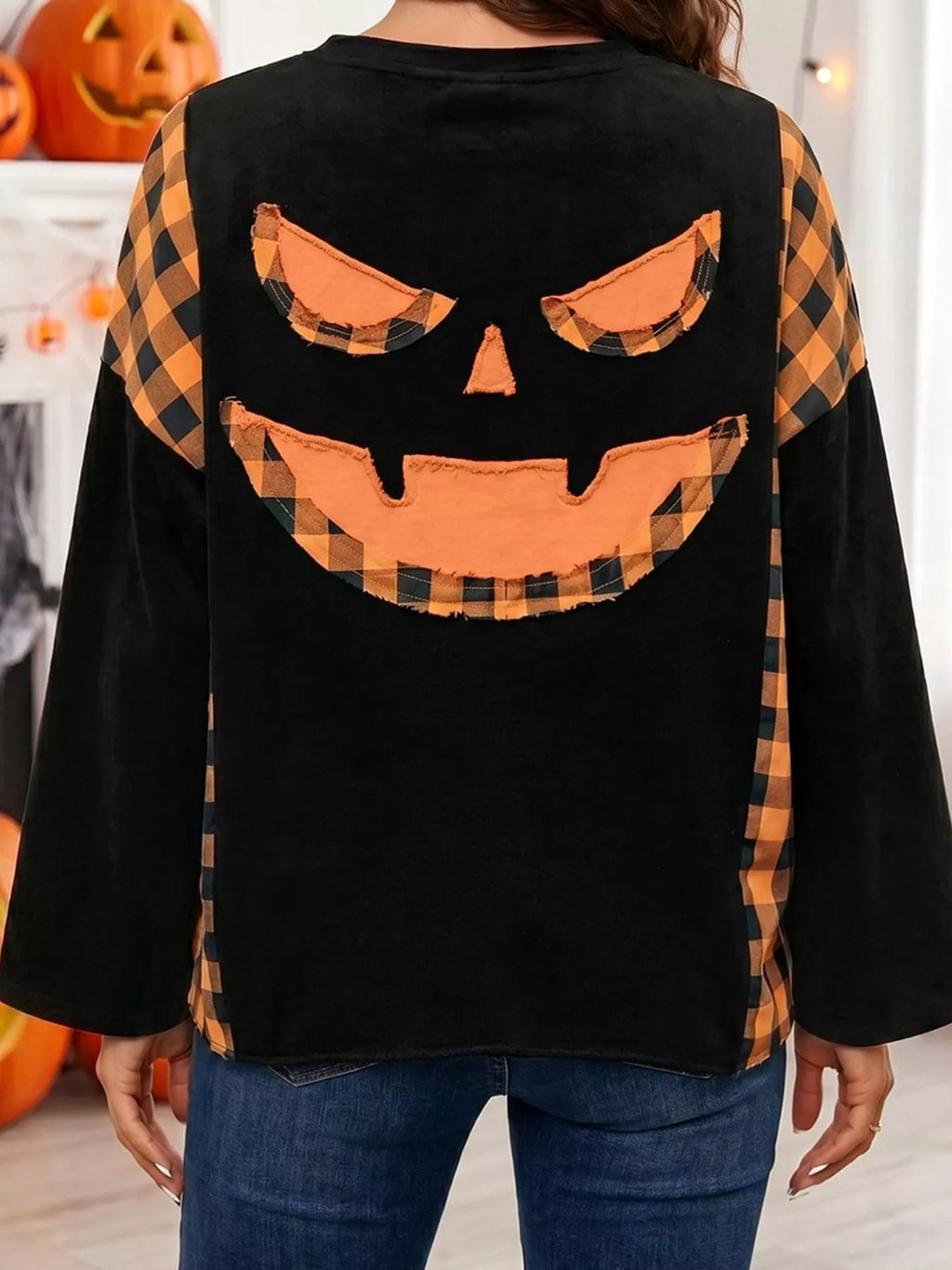 Patchwork Plaid Pumpkin Face Long Sleeve Top