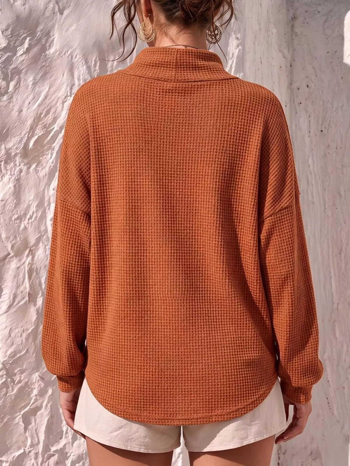 Full Size Waffle Knit Mock Neck Long Sleeve T-Shirt Plus Size