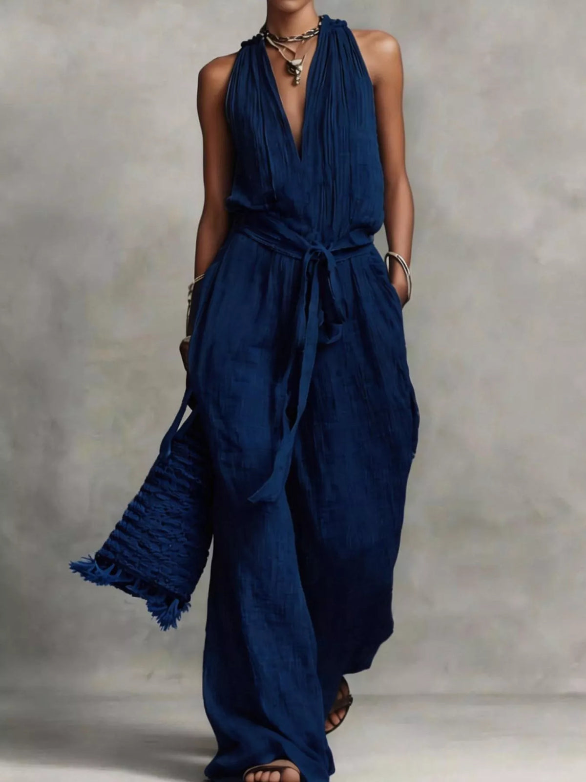 Sleeveless Wide-Leg Jumpsuit with Tie-Waist