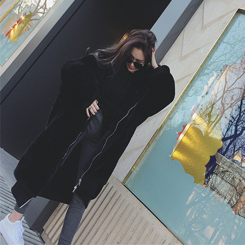 Rex Rabbit Fur Thickened Long Hooded Fur Coat Women