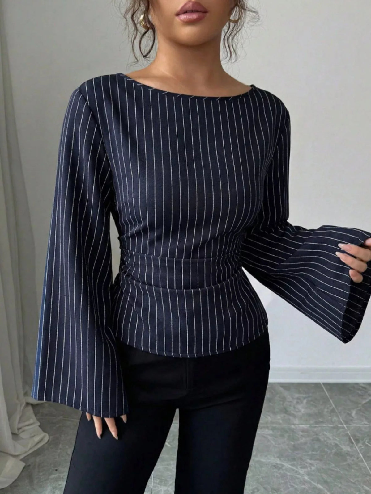 Elegant Pinstriped Bell Sleeve Blouse with Back Lace Up