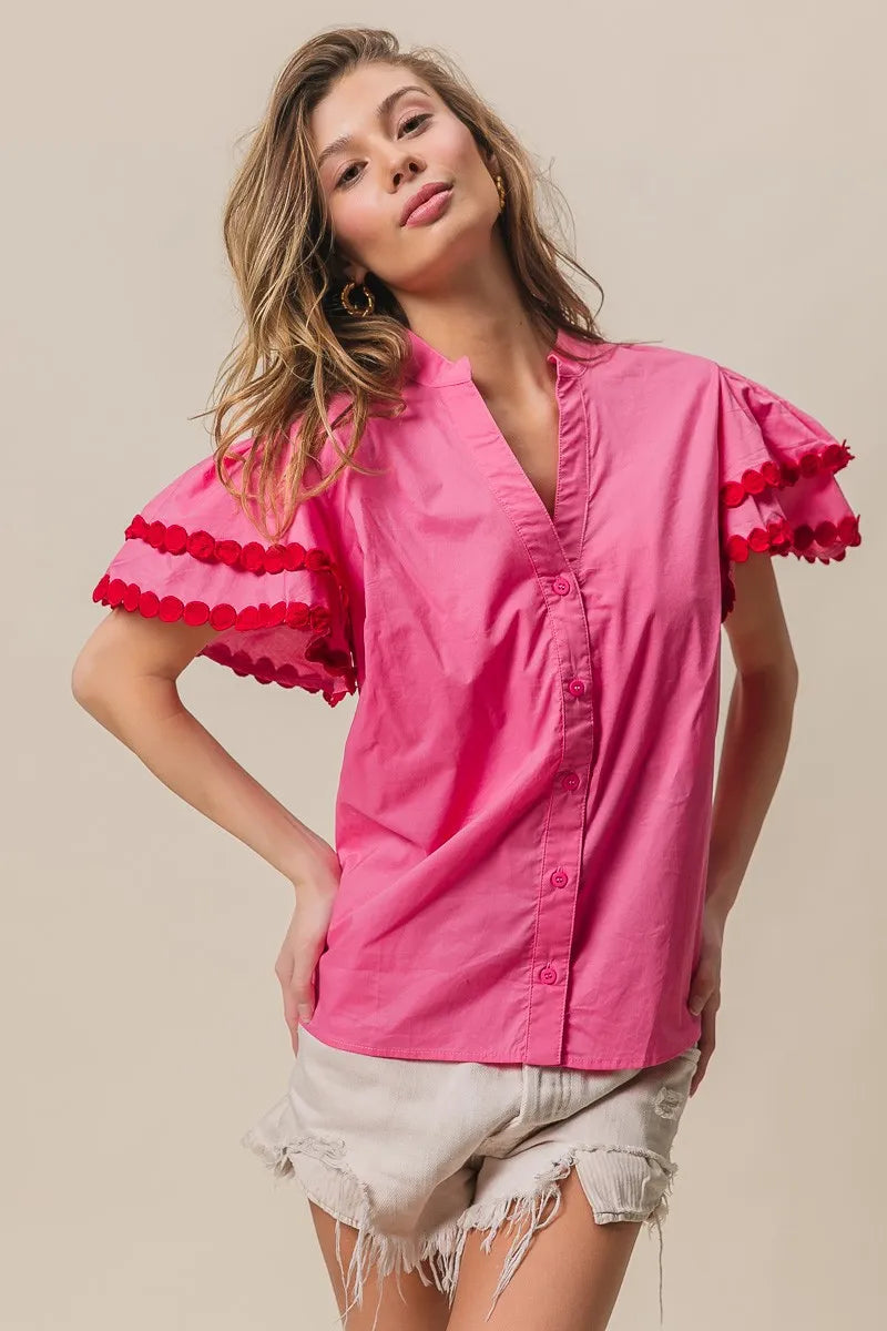BiBi Dot Trim Flutter Sleeve Notched Top
