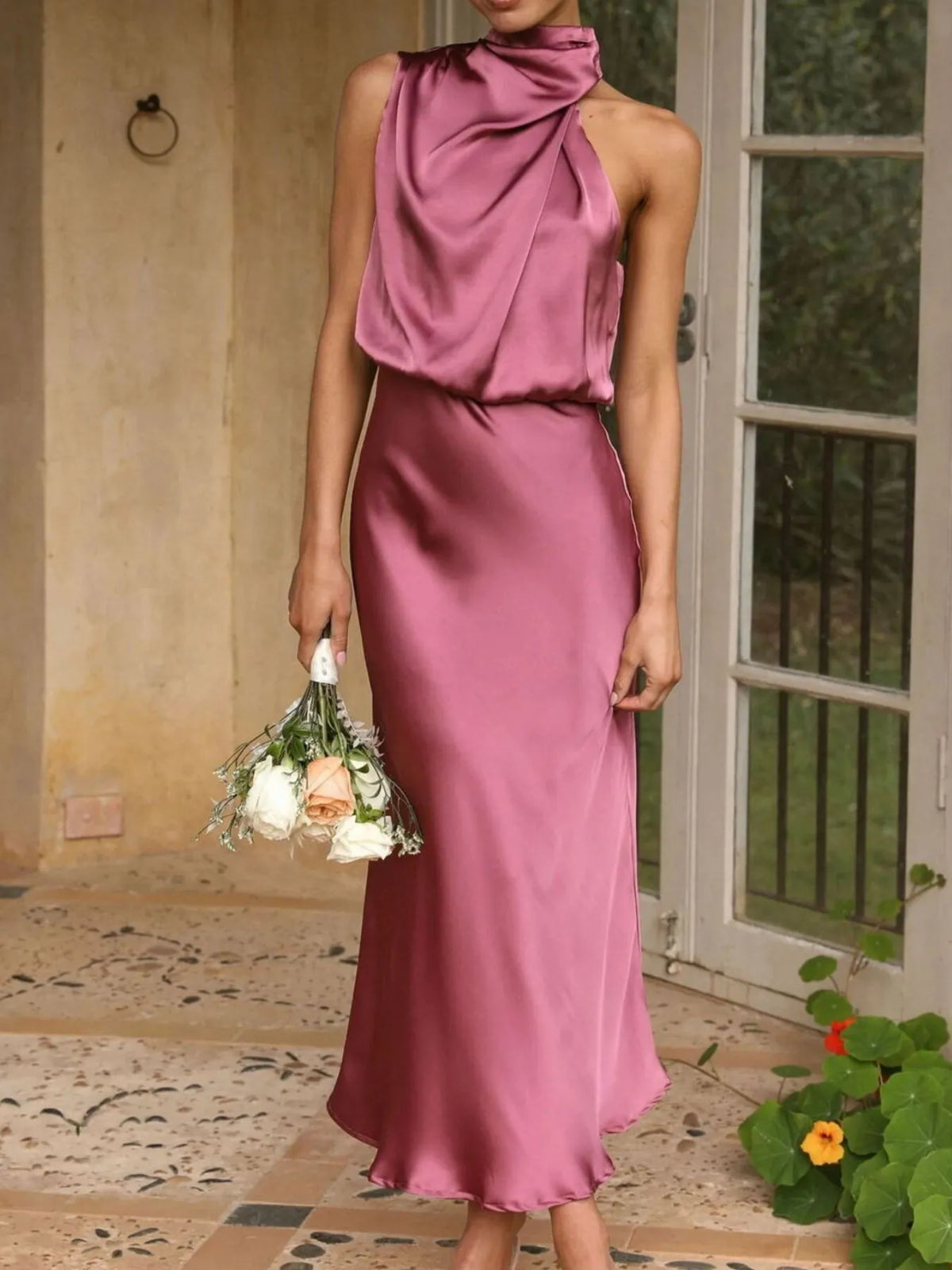 Asymmetrical Ruched Sleeveless Midi Dress