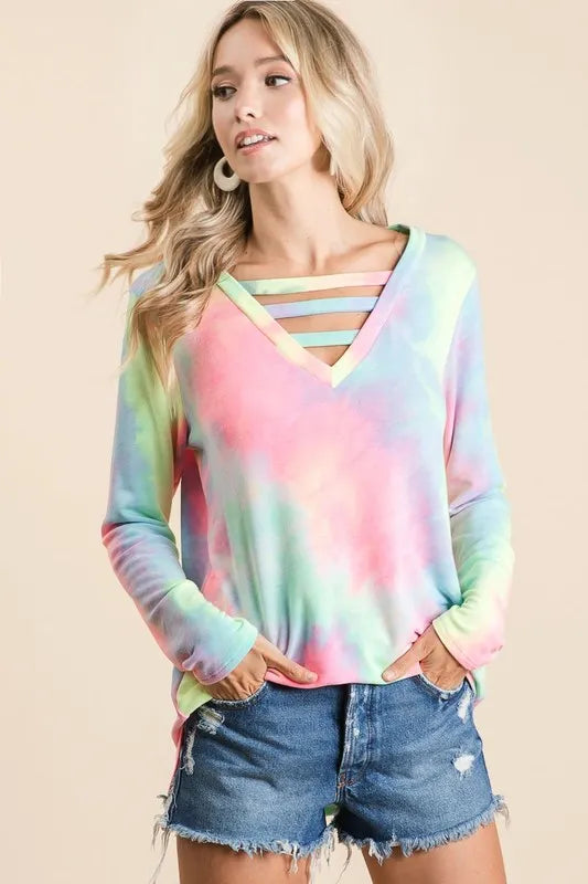 BiBi Tie Dye French Terry V-Neck Top with Strapped