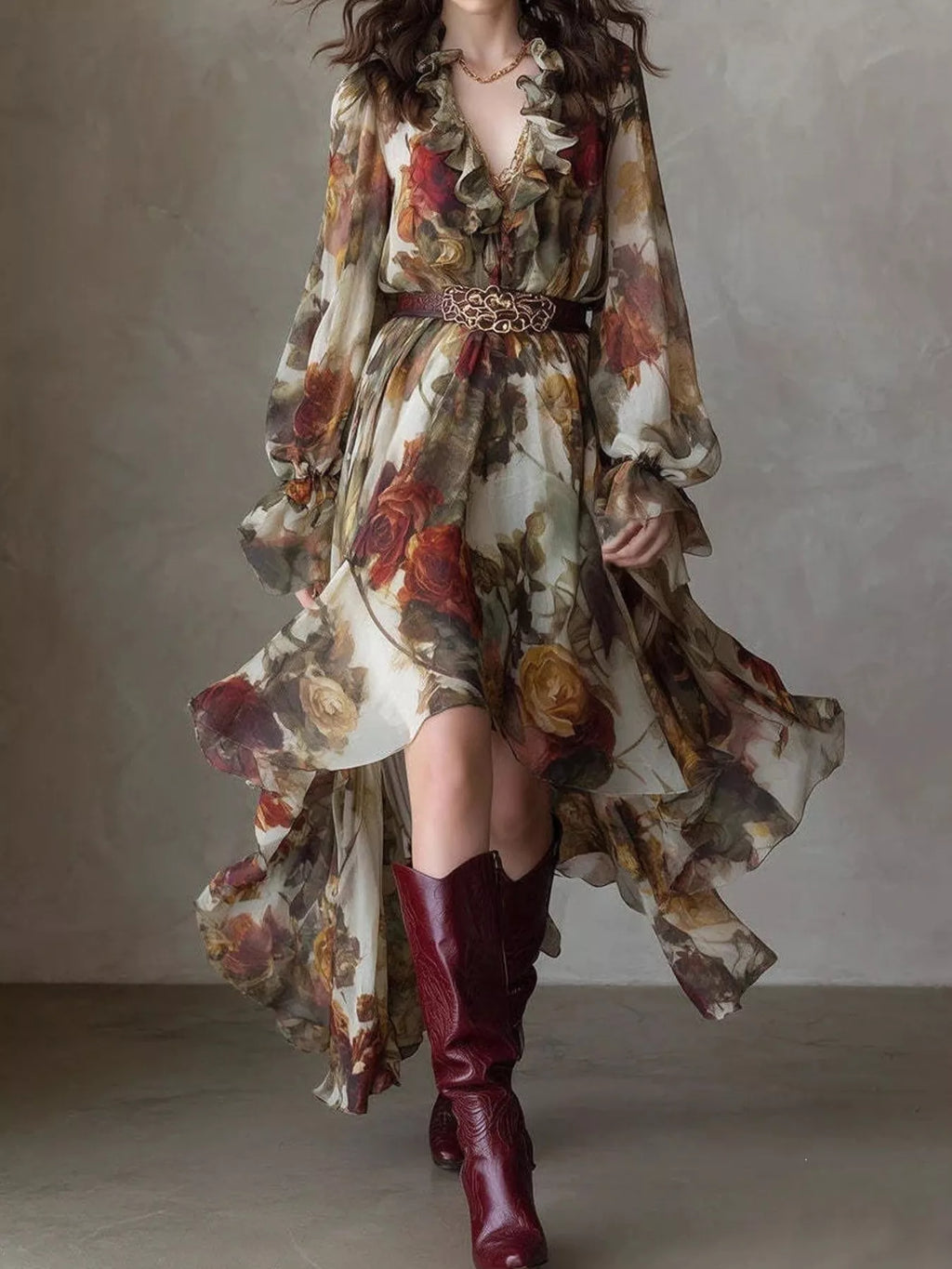 Floral Print Ruffle Trim High-Low Chiffon Maxi Dress