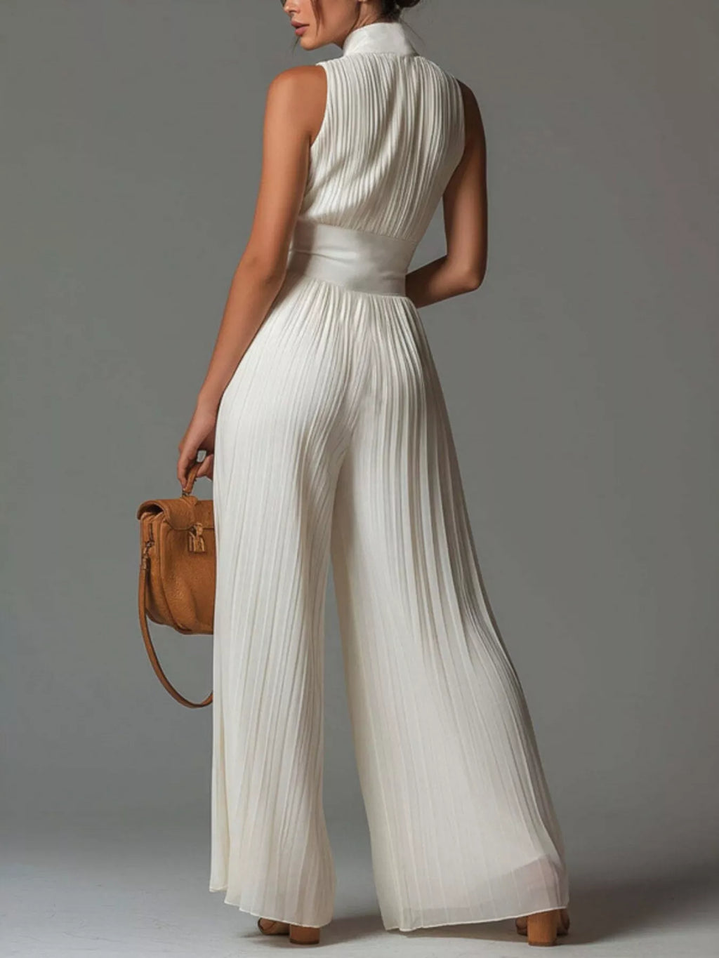 Sleeveless Pleated Wide-Leg Jumpsuit with Front Zipper