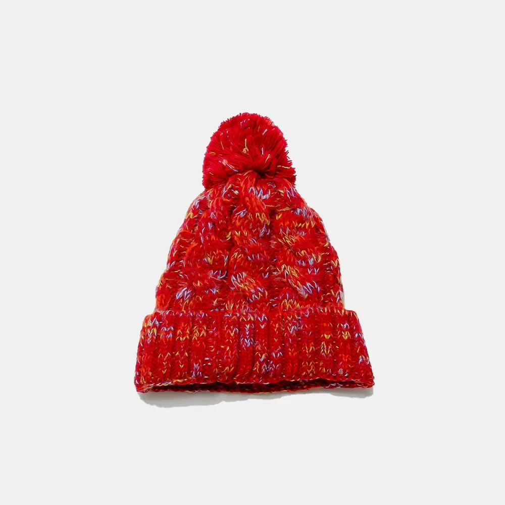 Contrast Cable Knit Beanie with Pompom