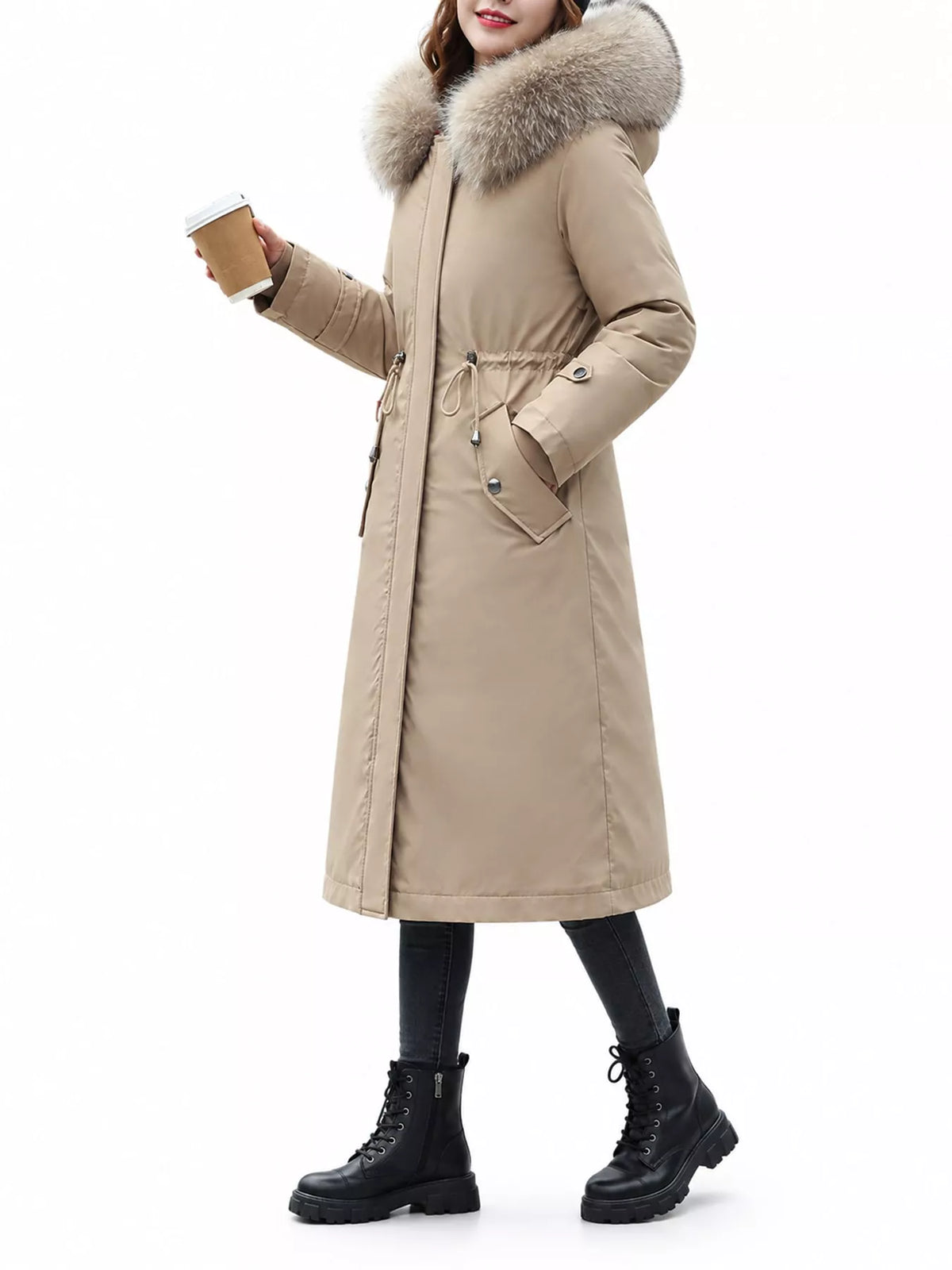 Detachable Longline Hooded Parka with Faux Fur Trim and Drawstring Waist