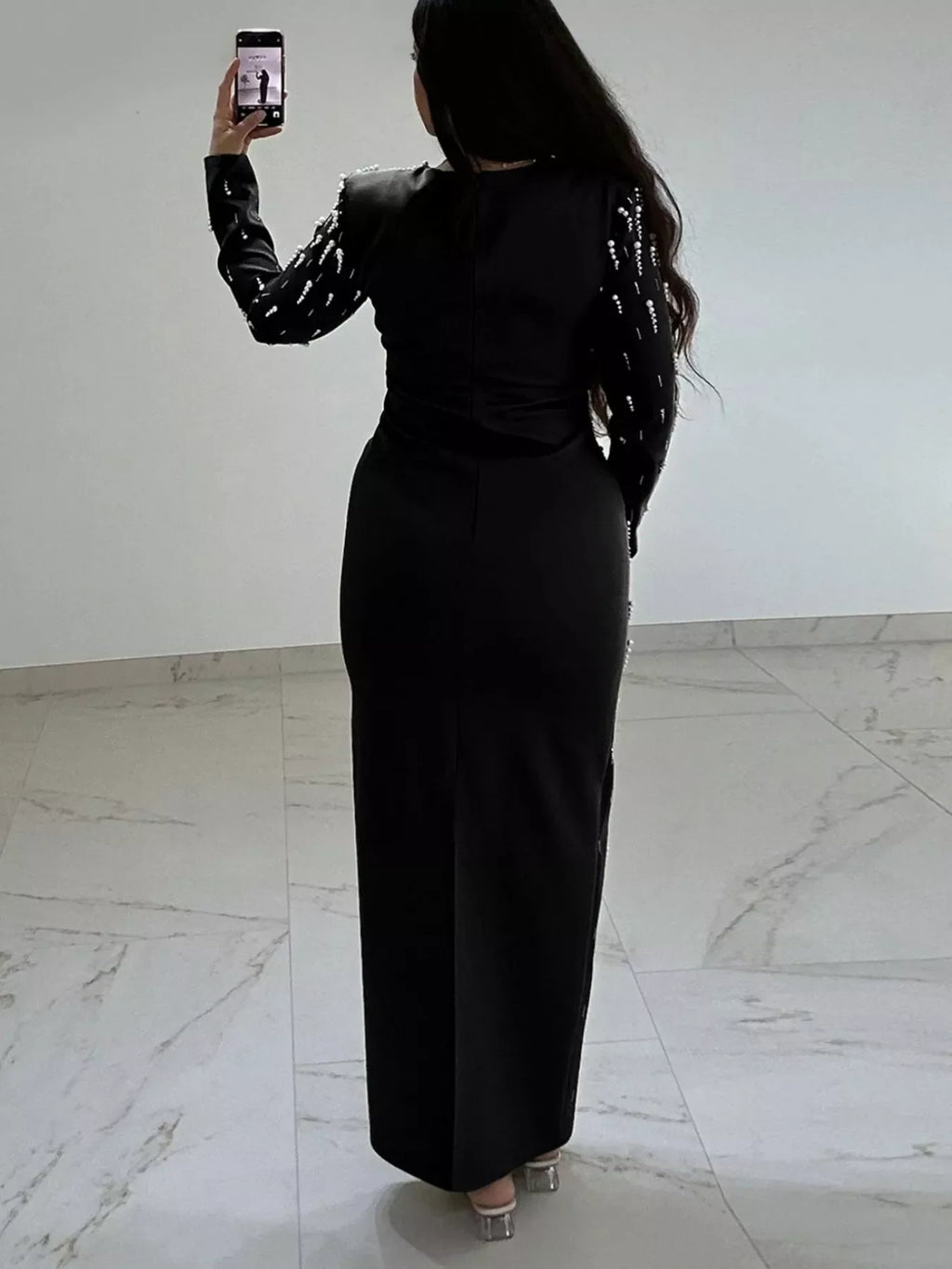 Pearl Detail Long Sleeve Maxi Dress