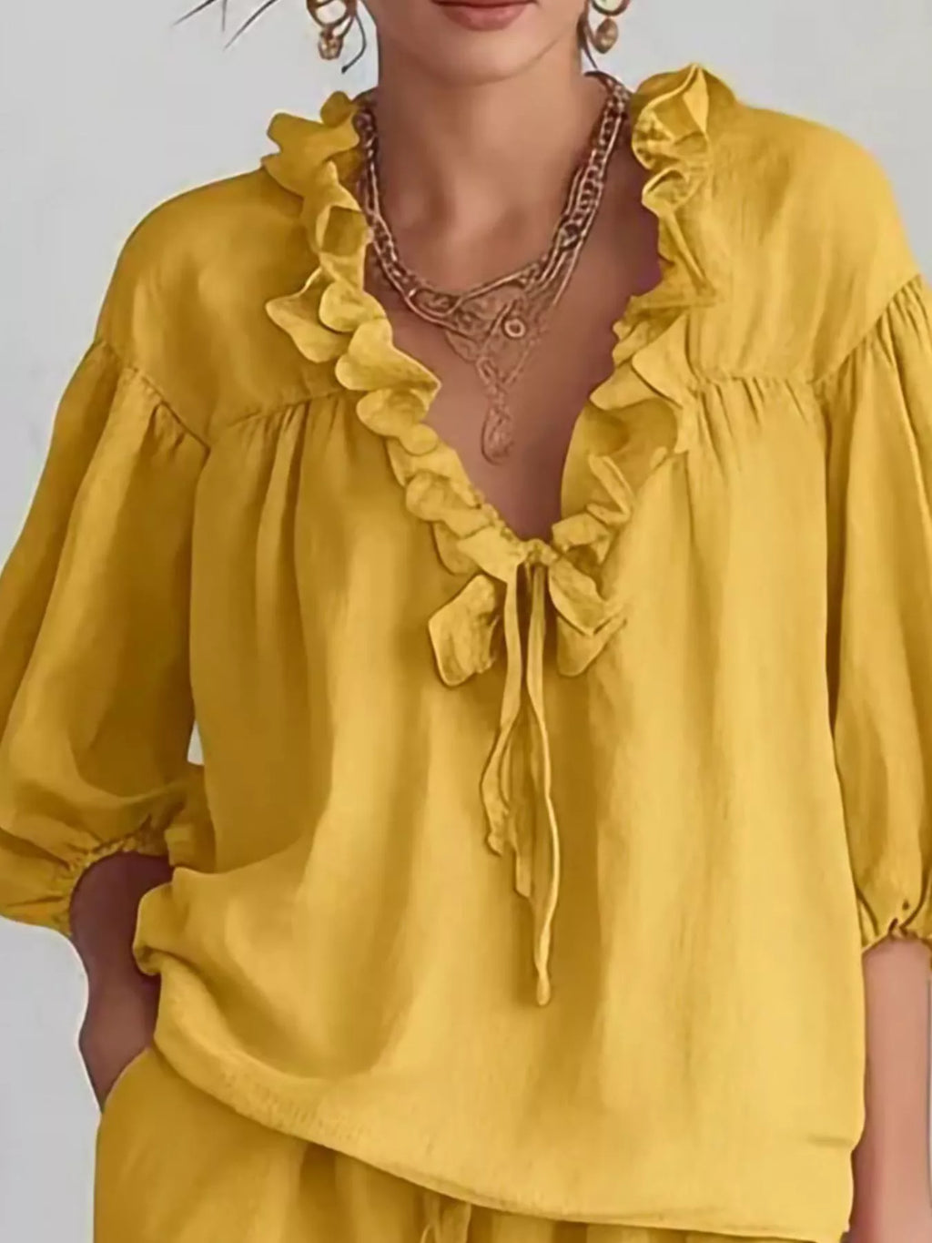 Ruffled V-Neck Blouse and Shorts Set