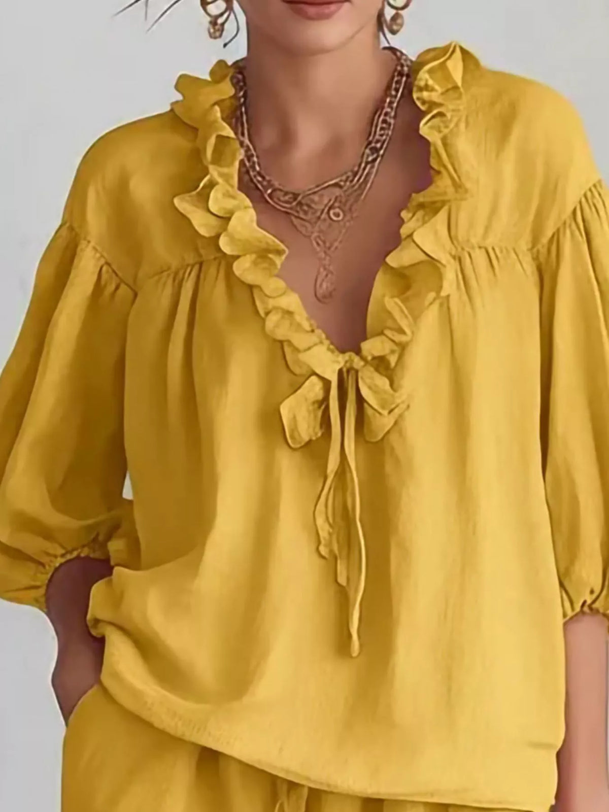 Ruffled V-Neck Blouse and Shorts Set