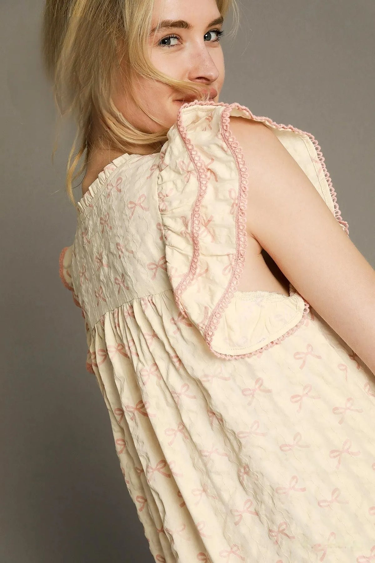 Umgee Bow Print Ruffled Cap Sleeve Mini Dress