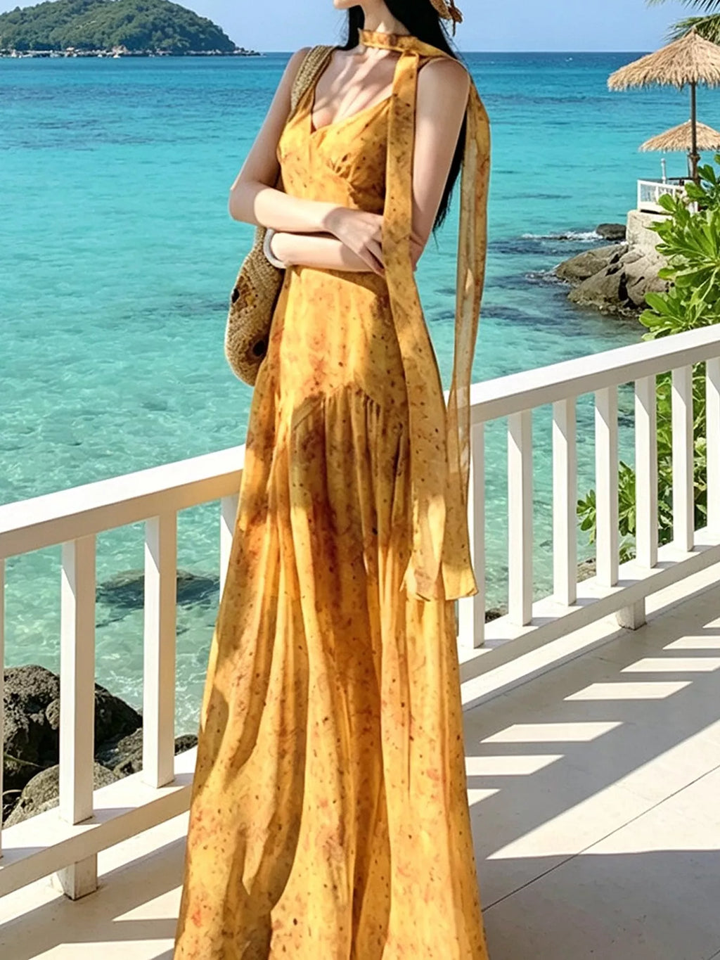 Floral Print V-Neck Cami Dress with Scarf