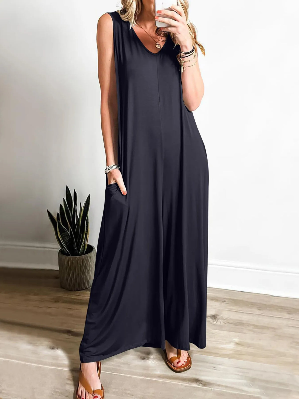 Sleeveless V-Neck Jumpsuit with Pockets
