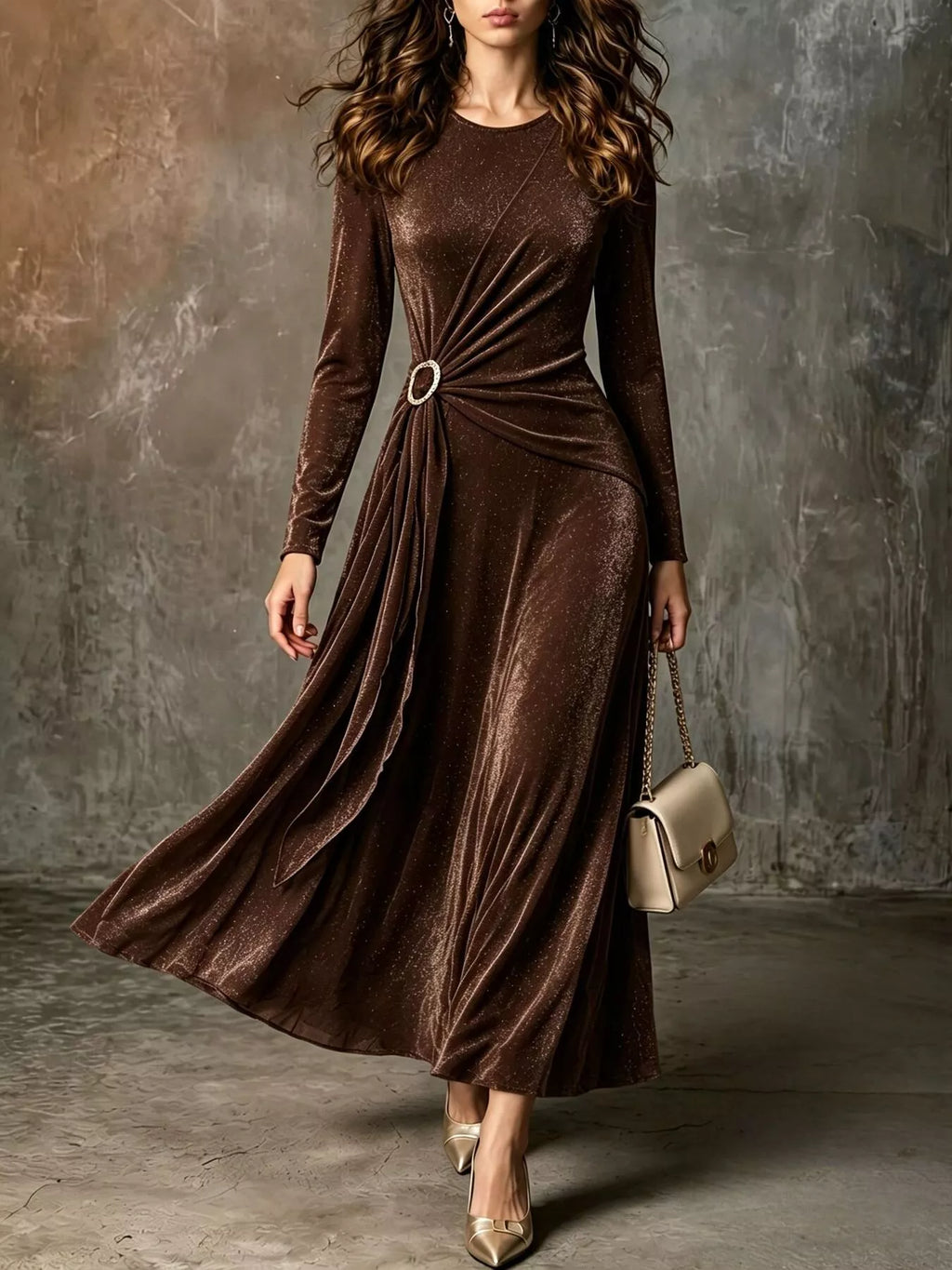 Full Size Velvet Long-Sleeve Maxi Dress with Ring Detail Plus Size