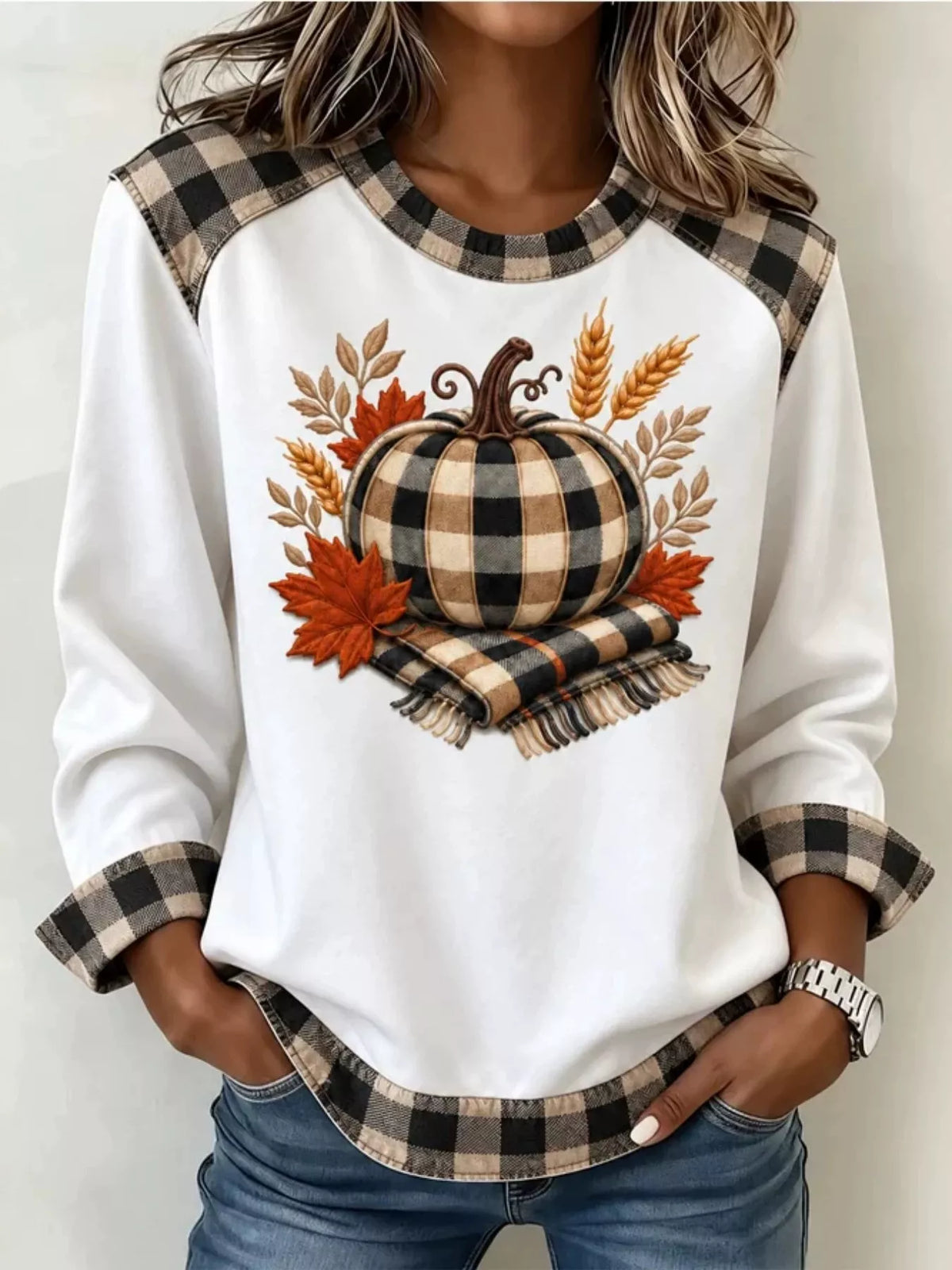 Full Size Pumpkin Plaid Patchwork Long Sleeve Sweatshirt Plus Size