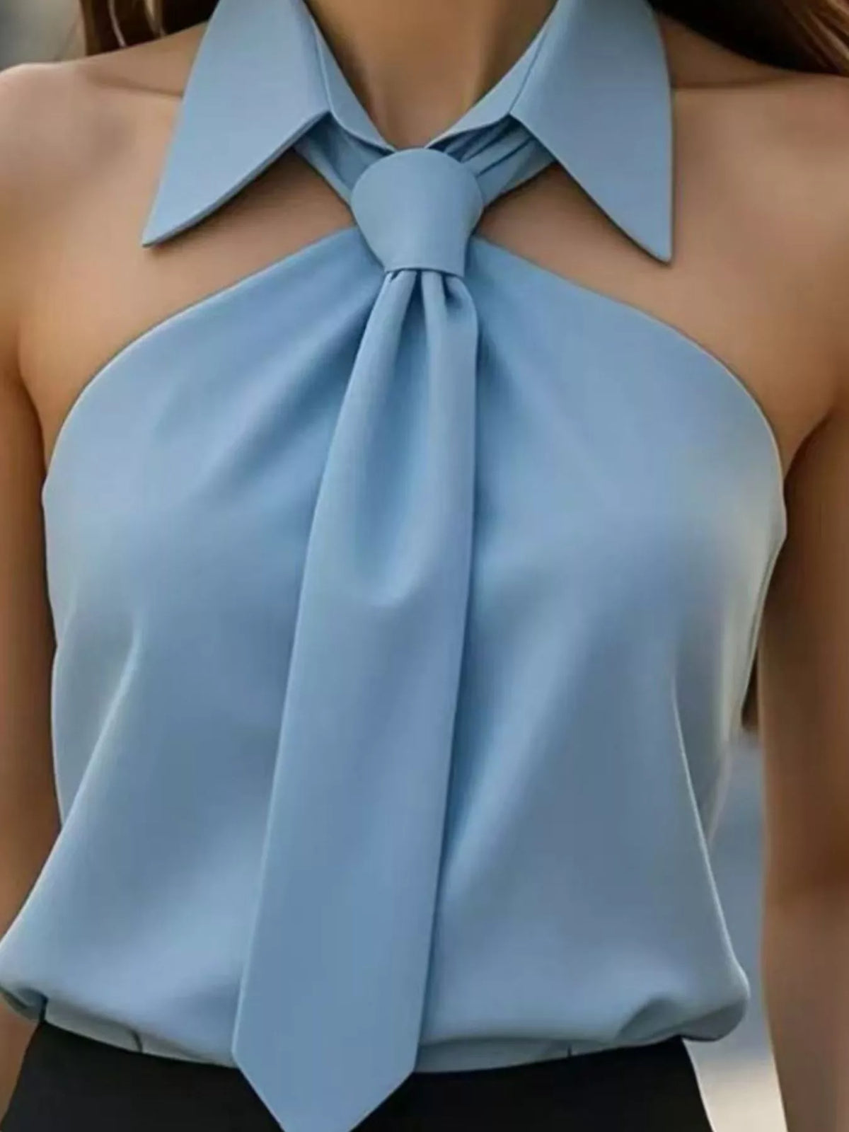 Halter Neck Sleeveless Top with Tie-Front Collar Detail
