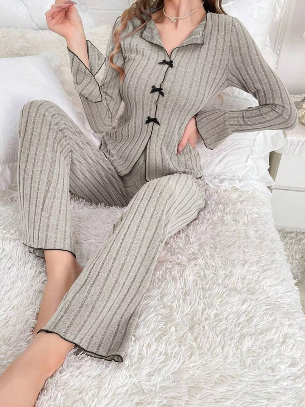 Contrast Bow Detail Top and Pants Lounge Set
