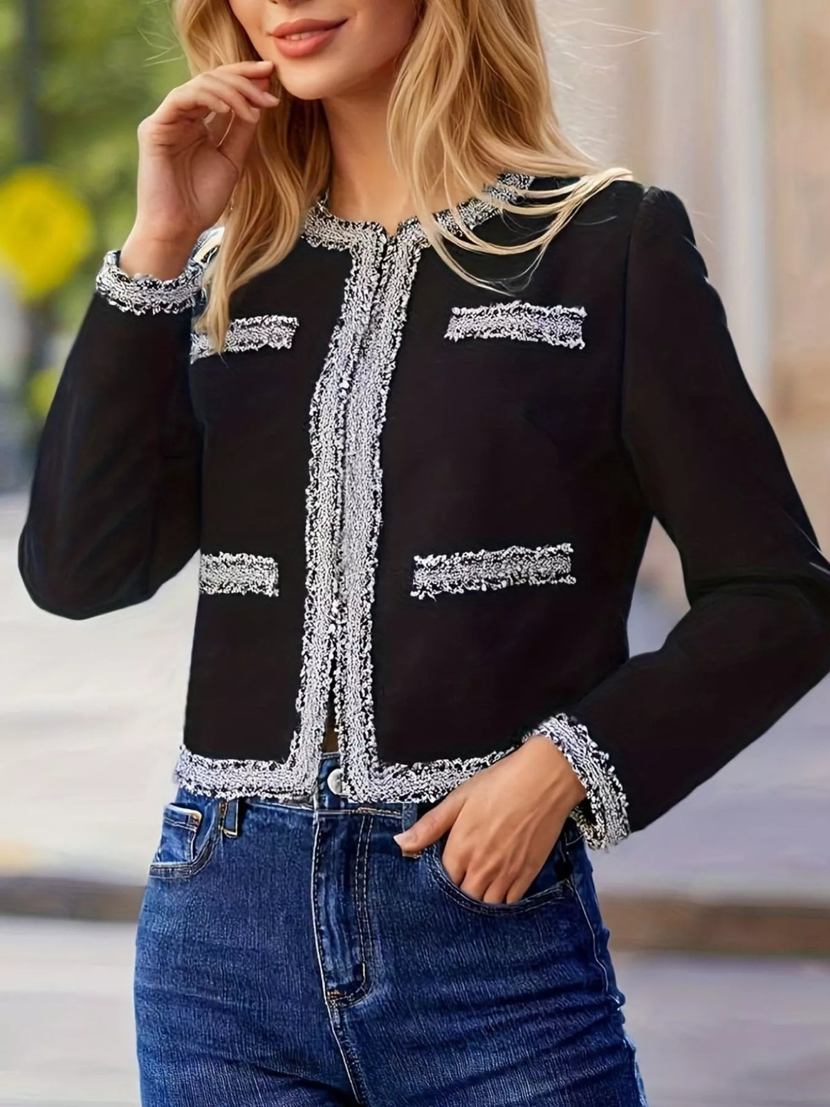 Tweed Trim Open Front Outerwear