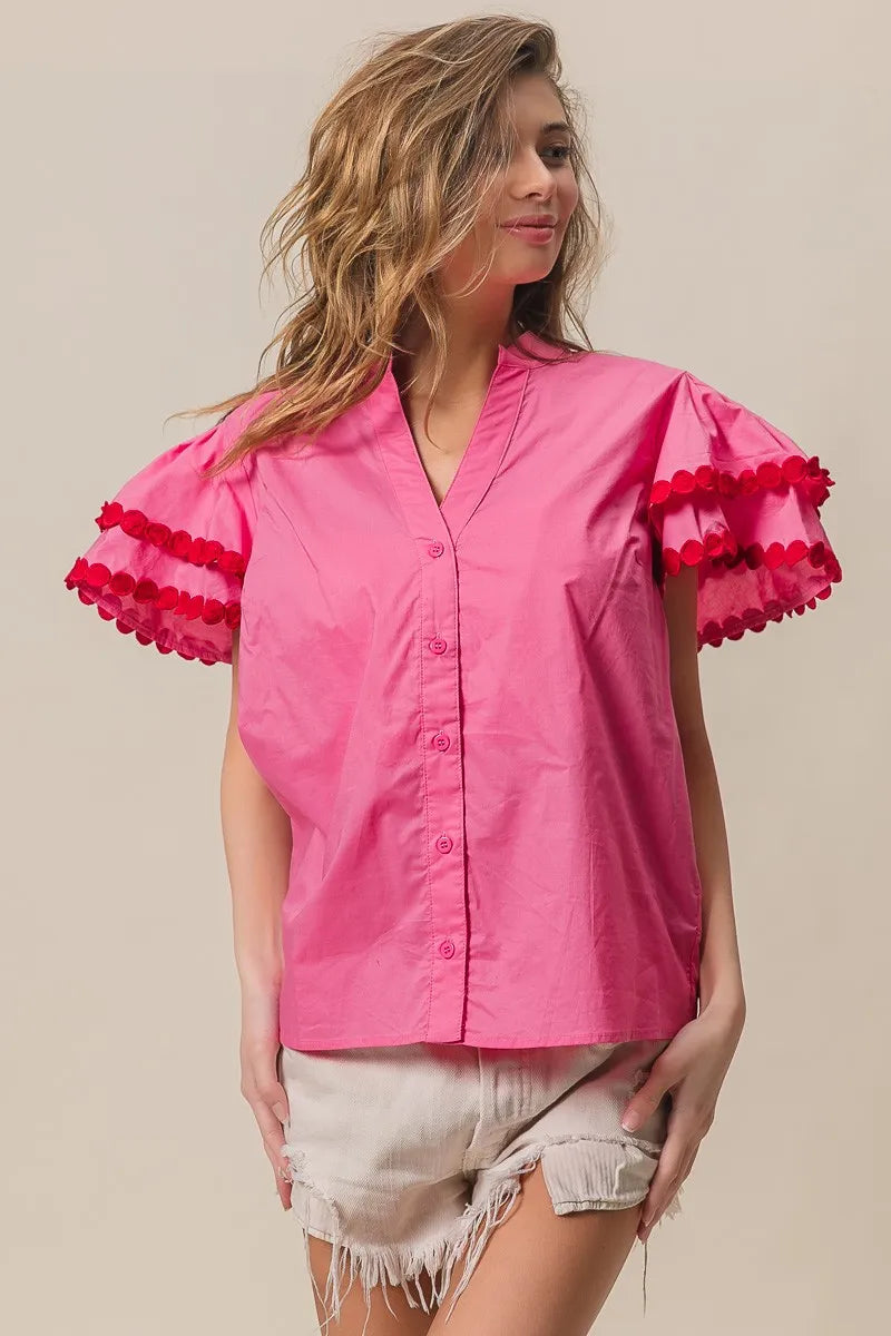 BiBi Dot Trim Flutter Sleeve Notched Top