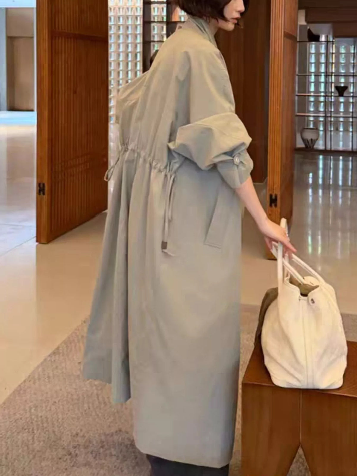 Drawstring Open Front Longline Trench Coat