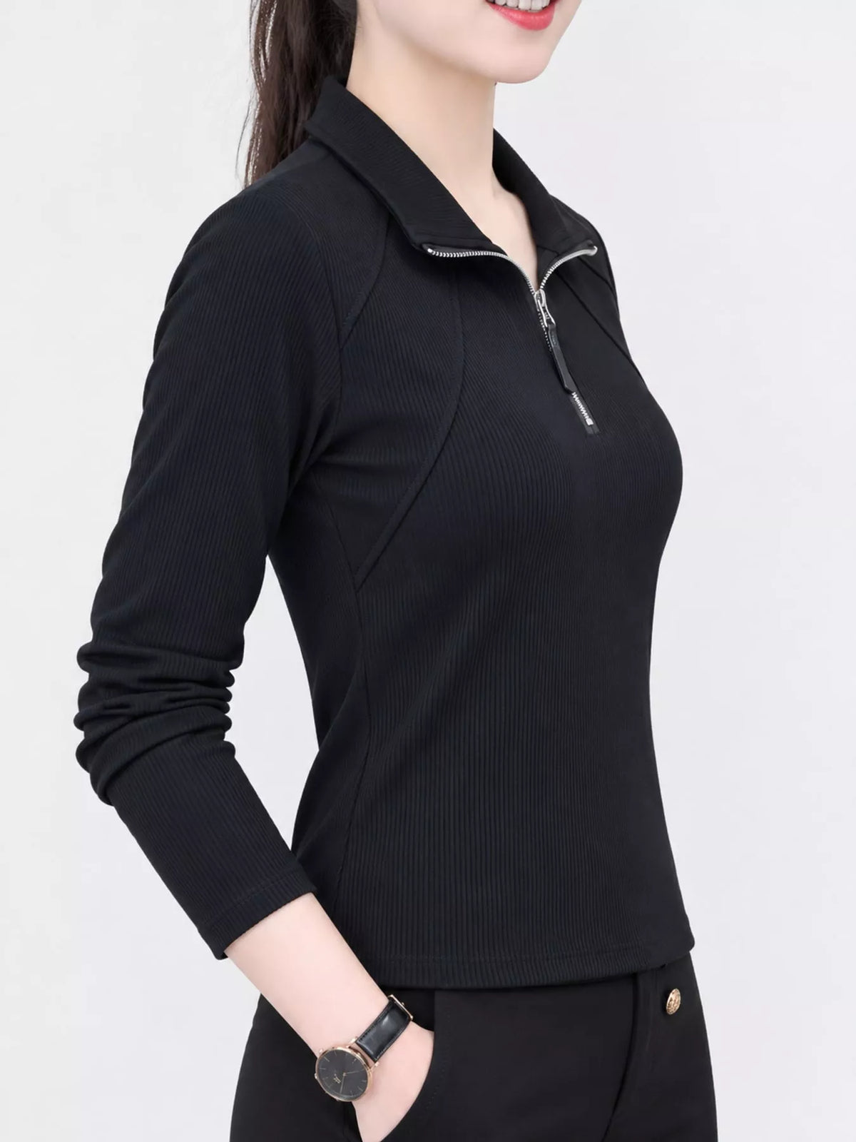Plus Size Quarter-Zip Long Sleeve Top