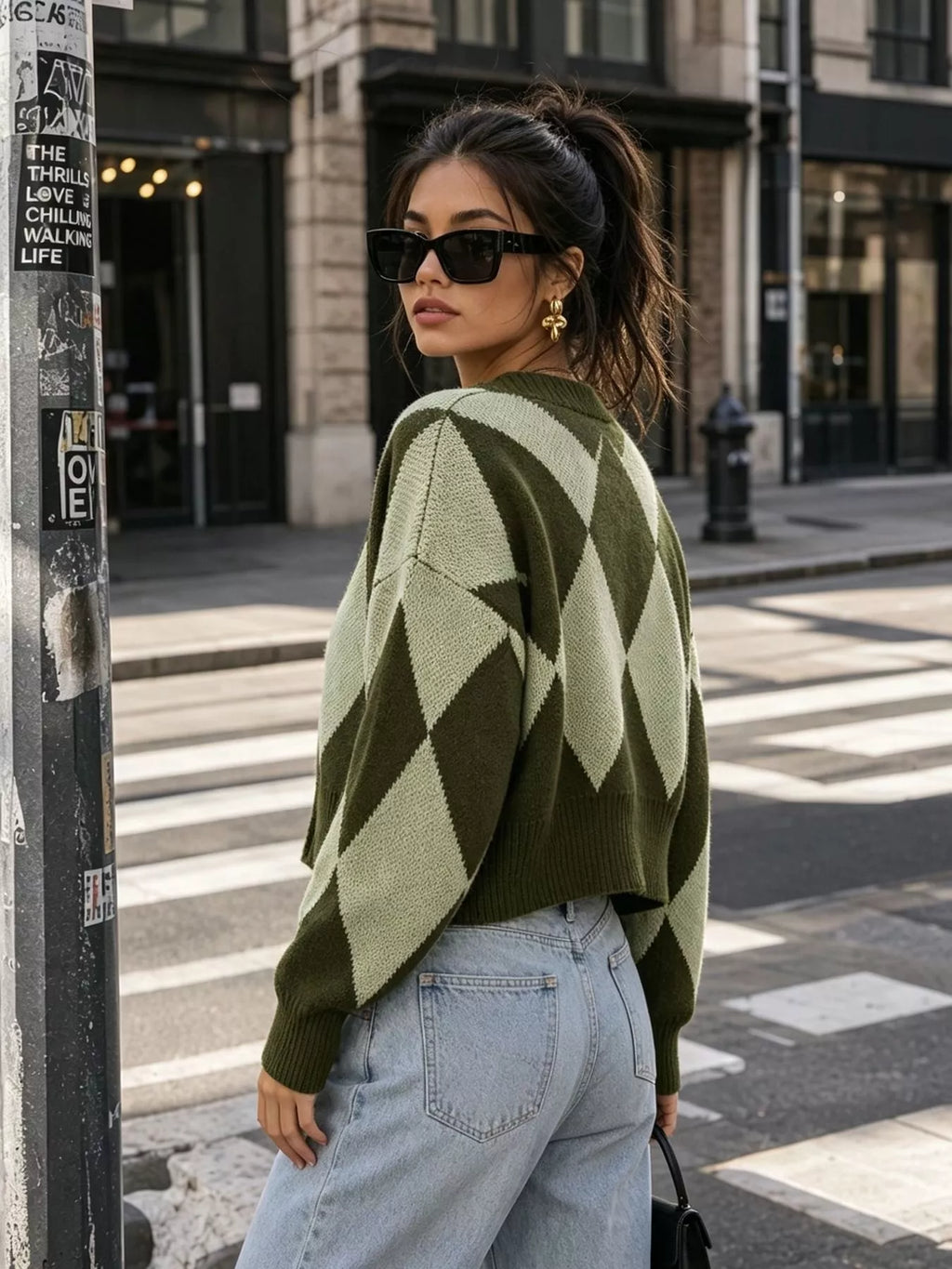 Argyle Pattern V-Neck Button-Down Cardigan